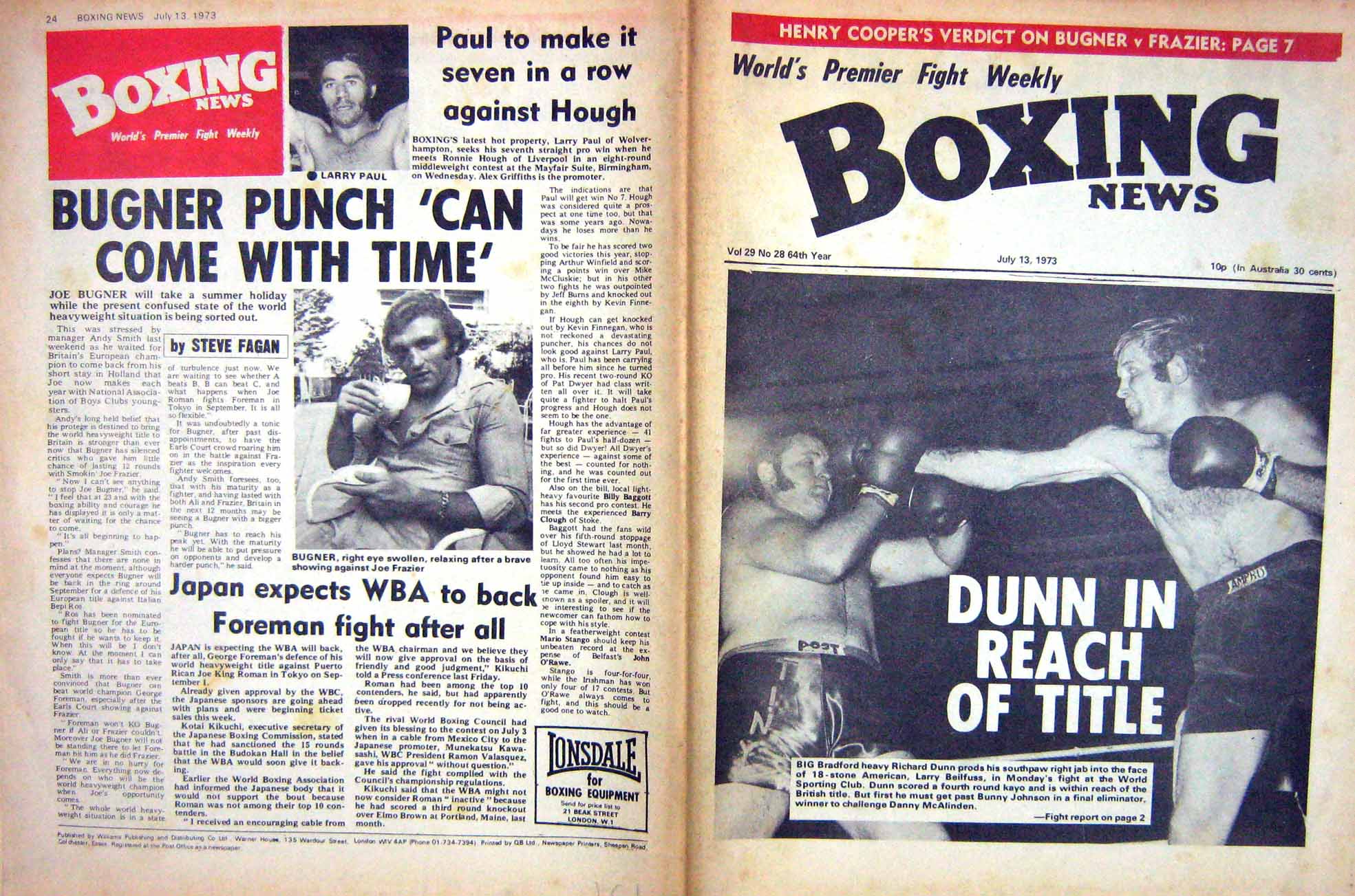 Old Vintage Print Boxing Richard Dunn Beilfuss 1973 Frazier Sands Pompey 20th
