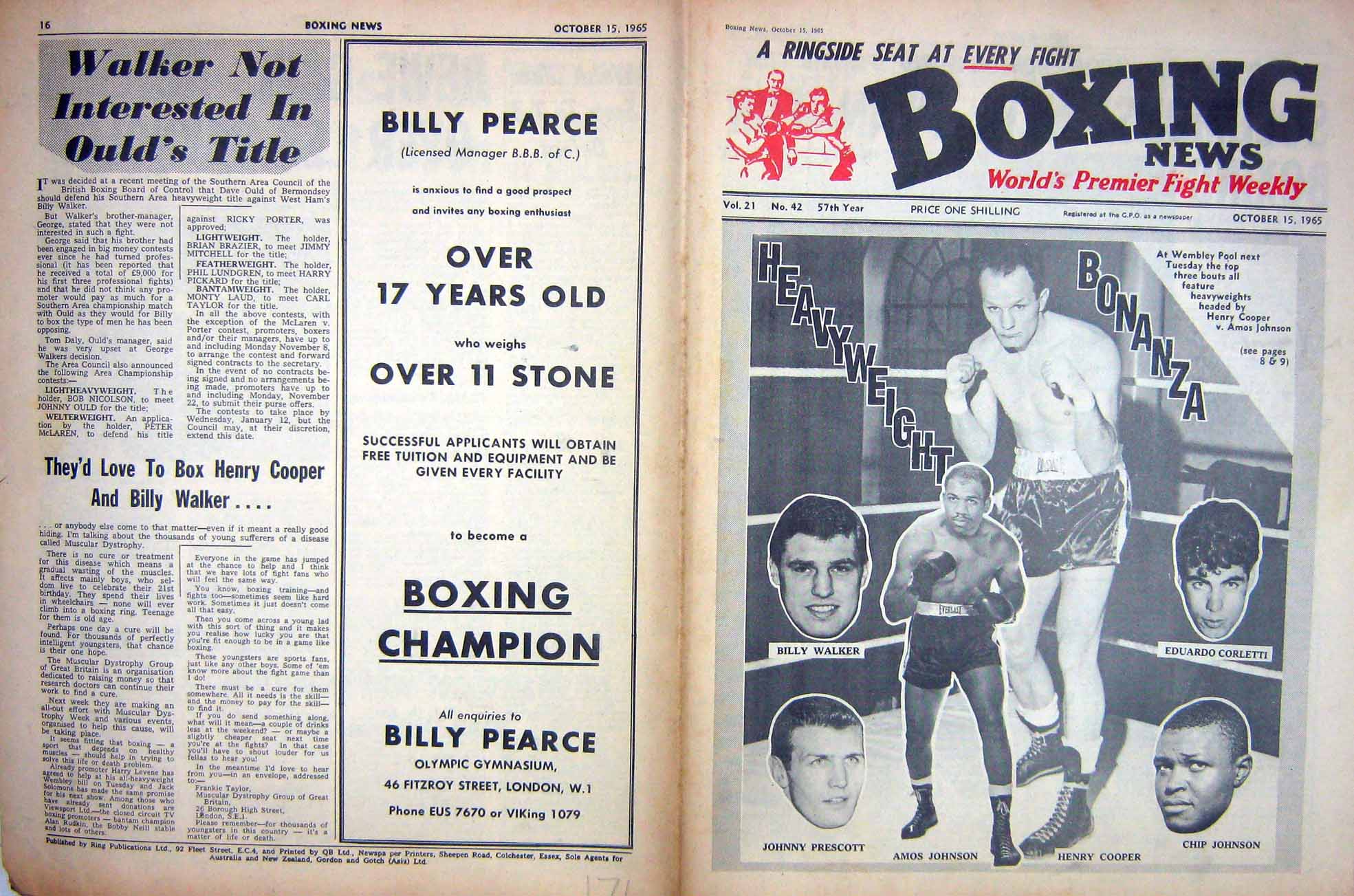 Original Old Vintage Print Boxing 1965 Prescott Corletti Johnson Cooper Walker