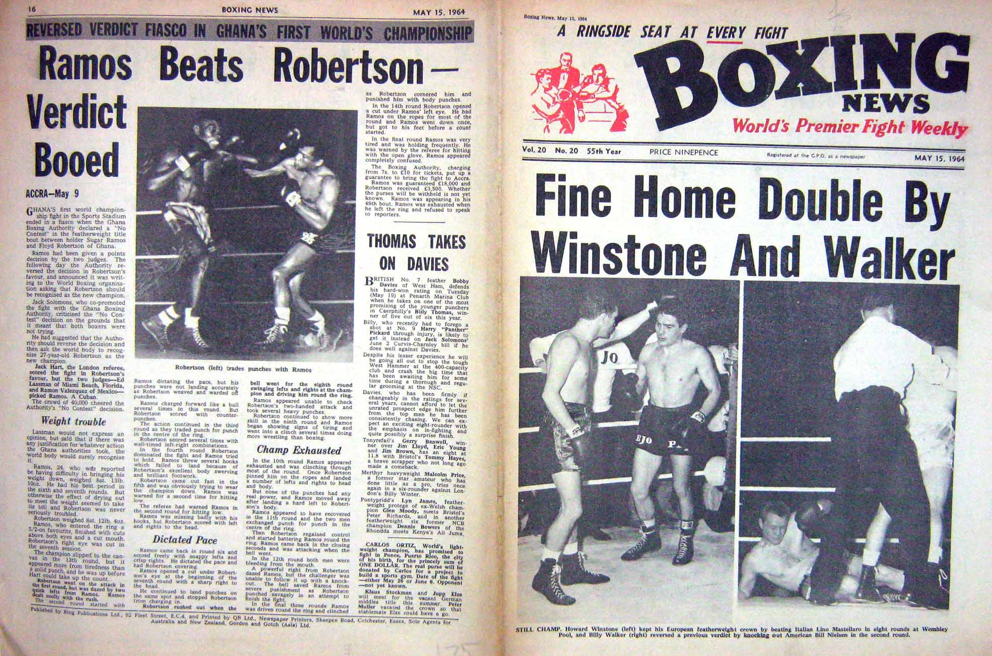 Original Old Vintage Print Boxing 1964 Winstone Walker Nielsen Robertson Ramos