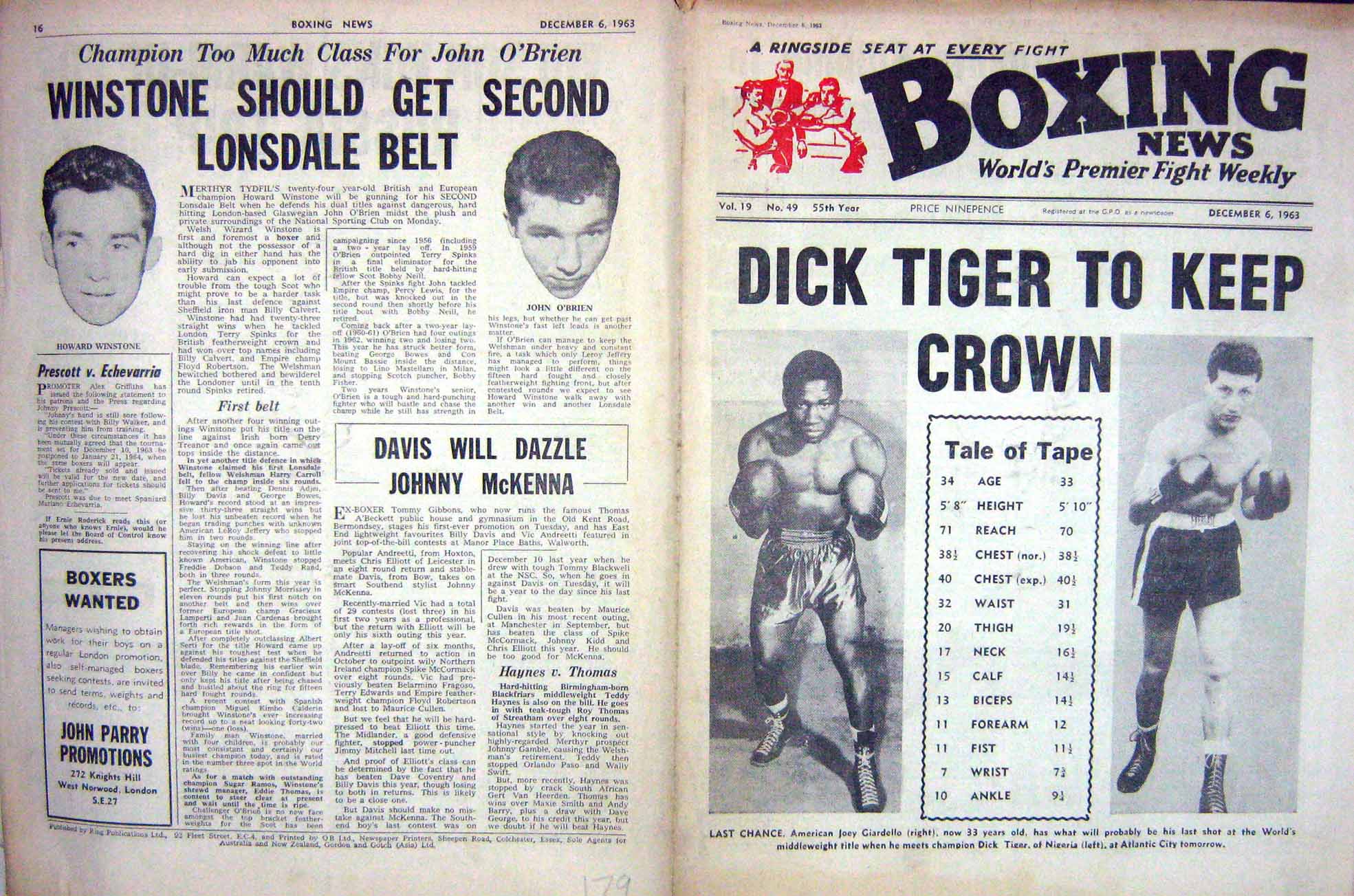 Old Vintage Print Boxing 1963 Giardello Tiger O'Brien Winstone Fullmer 20th