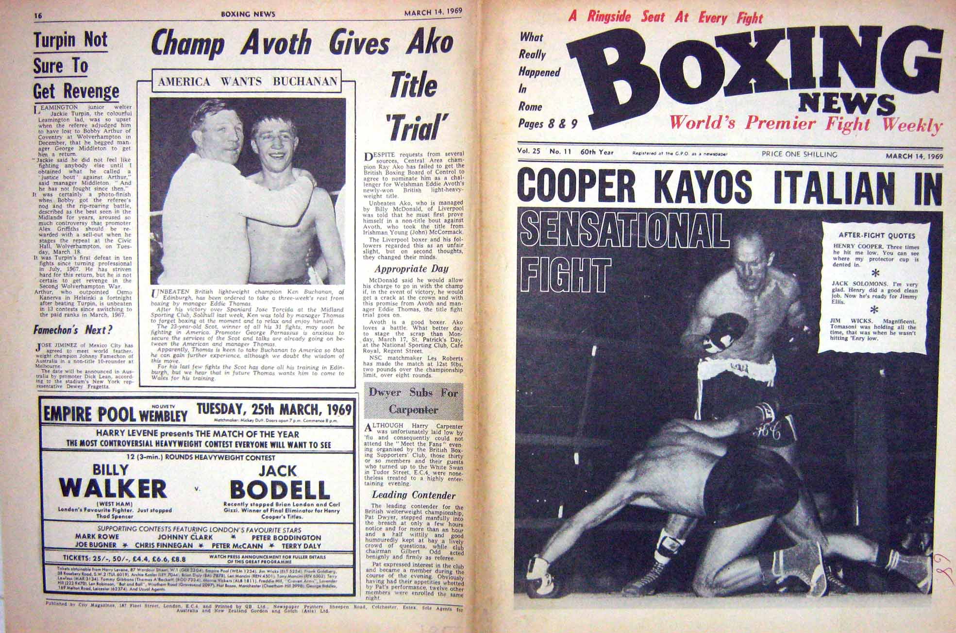 Original Old Vintage Print Boxing 1969 Henry Cooper Solomons Buchanan Tomasoni