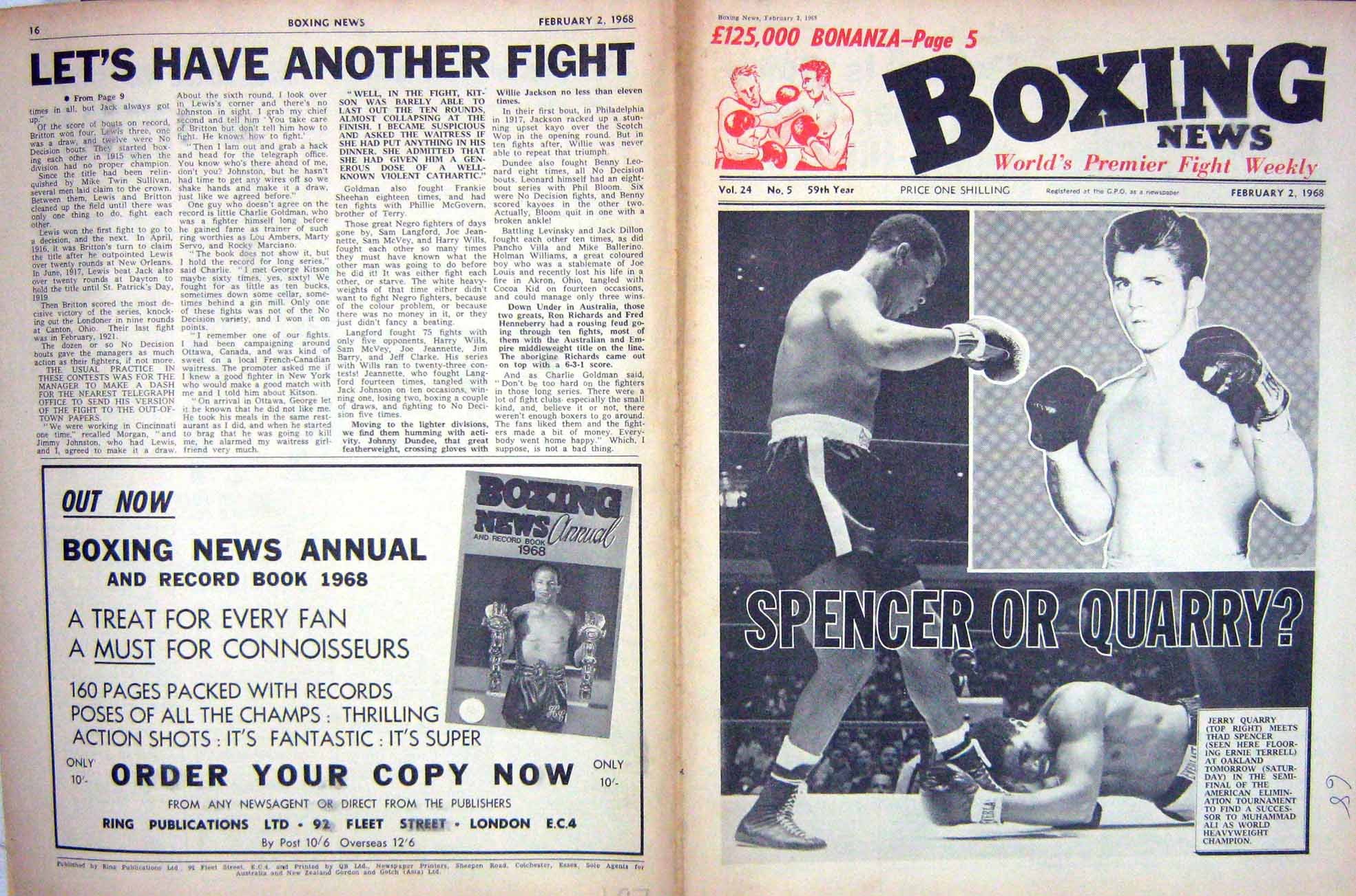 Old Vintage Print Boxing 1968 Quarry Spencer Robinson Dundee Lewis Wills 20th