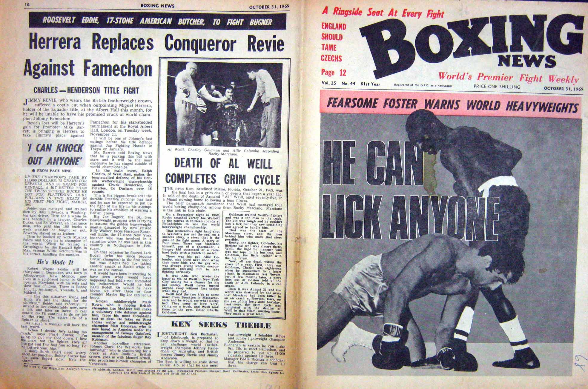 Original Old Vintage Print Boxing 1969 Bob Foster Gman Marciano Dick Tiger