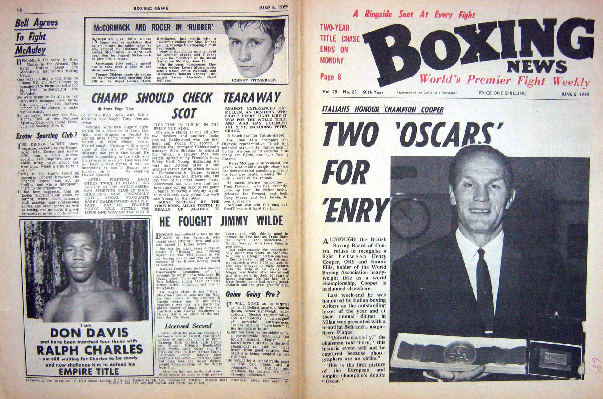Old Vintage Print Boxing 1969 Cooper Fitzgerald Davis Bugner Armstrong 20th
