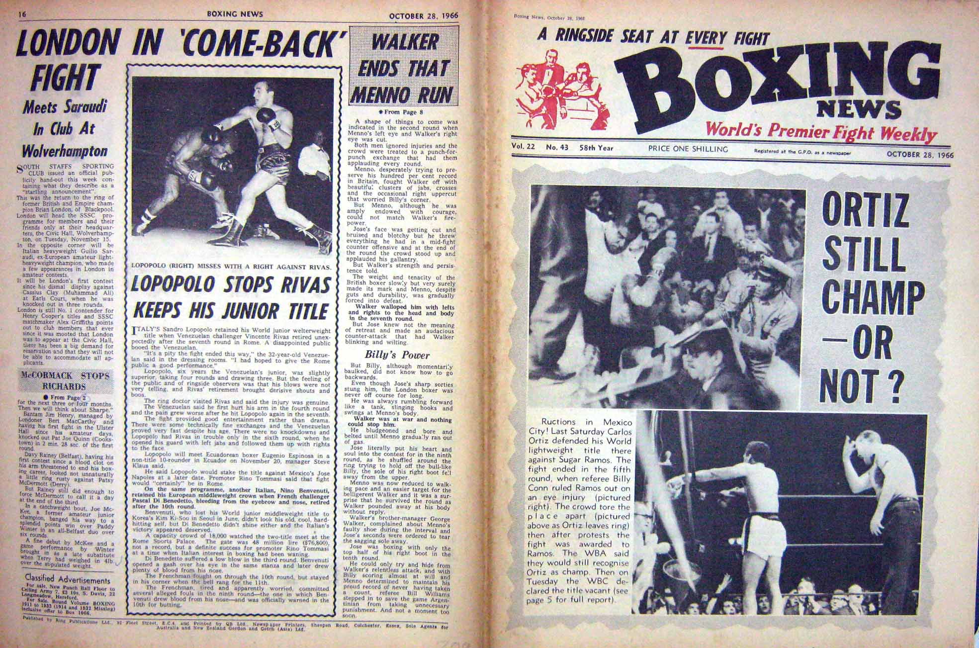 Original Old Vintage Print Boxing 1966 Ortiz Ramos Lopopolo Rivas Rowe Walker