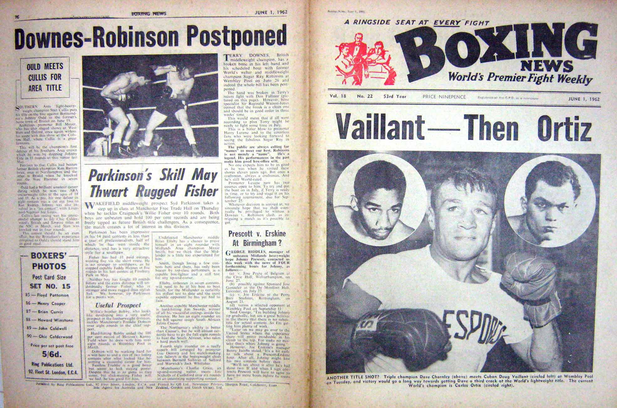 Antique Old Print Boxing 1962 Charnley Vaillant Ortiz Downes Leahy Gilroy 20th