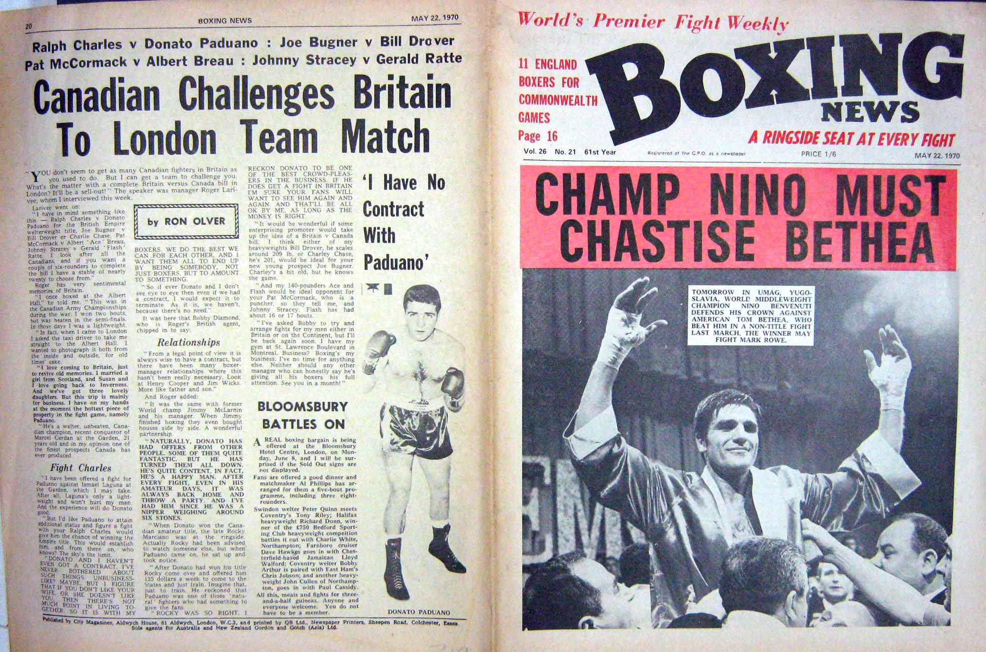 Old Vintage Print Boxing 1970 Benvenuti Bethea Paduano Waltham Famechon 20th