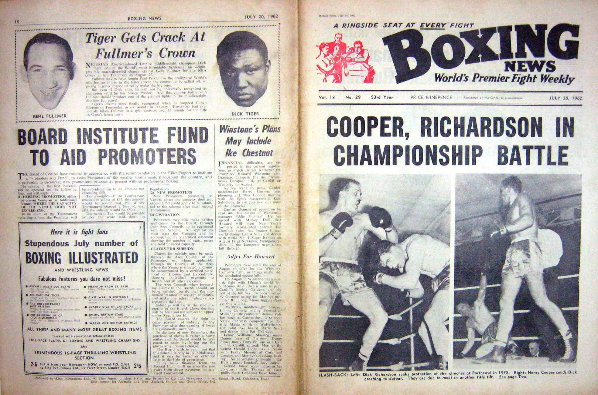Original Old Vintage Print Boxing 1962 Richardson Cooper Tiger Fullmer Leonard