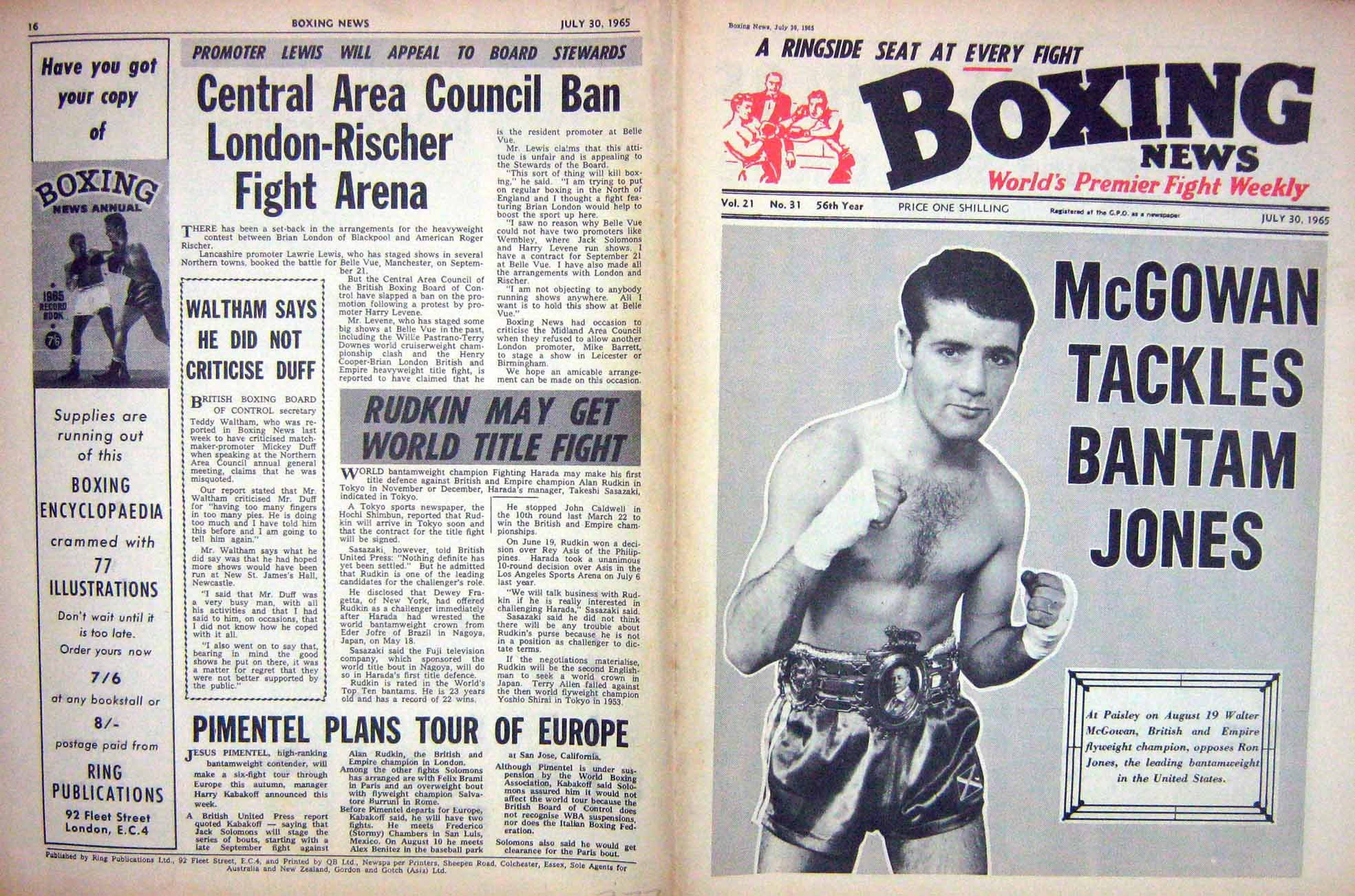 Old Vintage Print Boxing 1965 Walter Mcgowan Baer Tommy Farr Bed Foord 20th