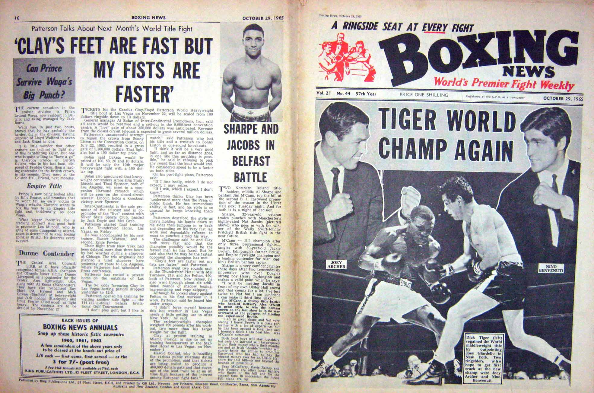 Old Vintage Print Boxing 1965 Tiger Archer Benvenuti Patterson Giardello 20th