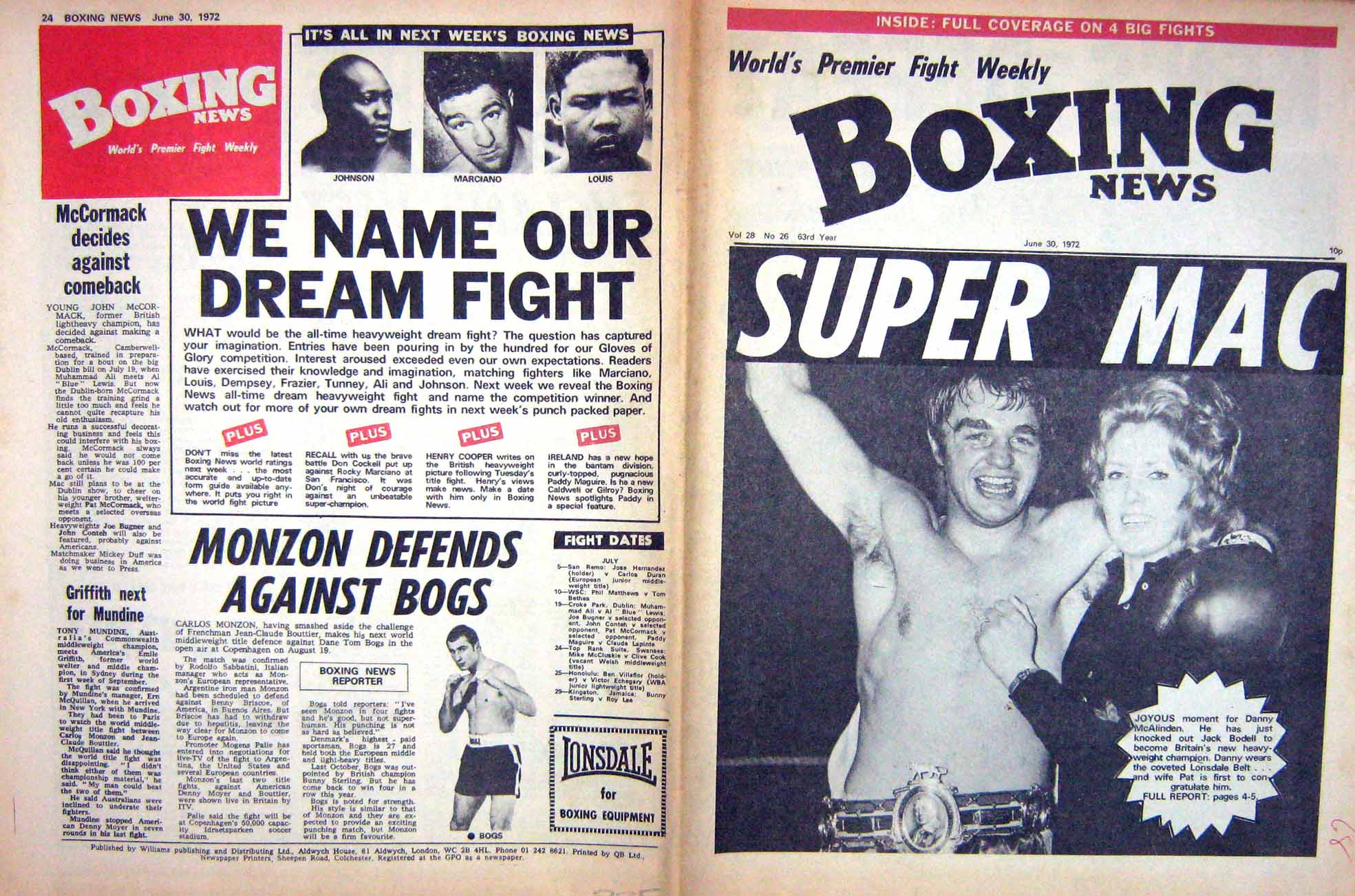 Original Old Vintage Print Boxing 1972 Mcalinden Johnson Marciano Louis Tiger