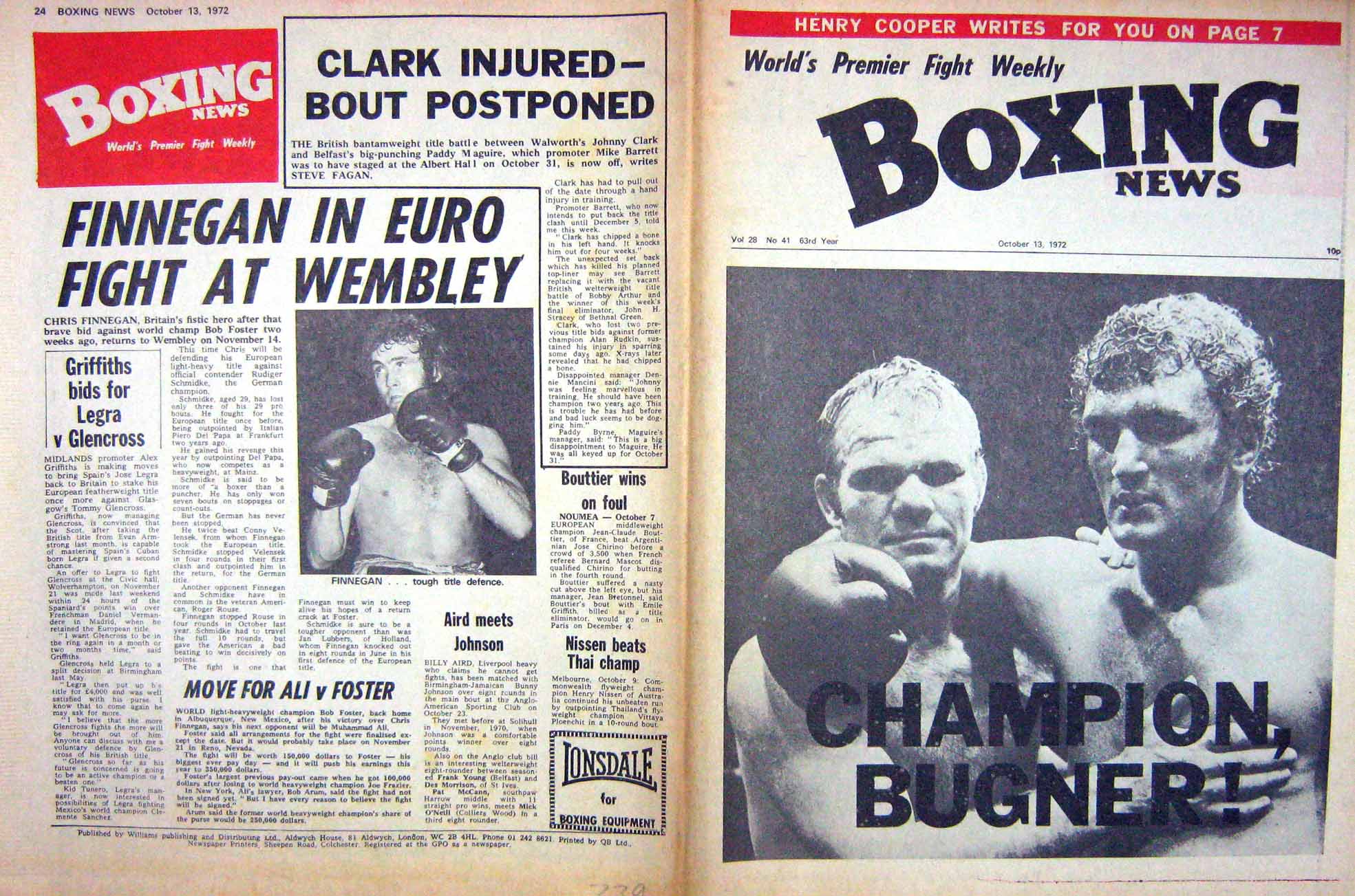 Original Old Vintage Print Boxing 1972 Bugner Finnegan Gene Fullmer Fernandez