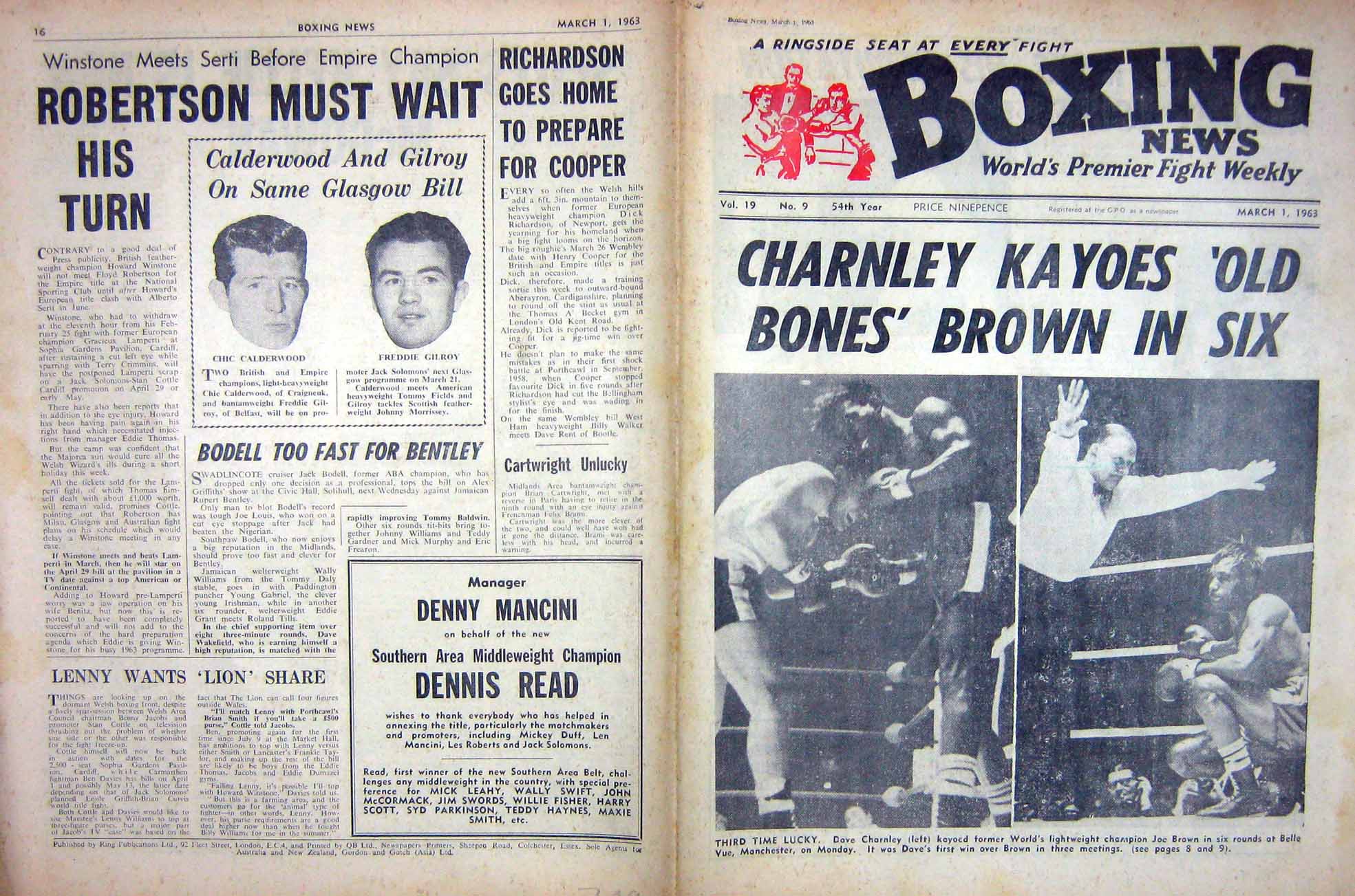 Antique Old Print Boxing 1963 Charnley Brown Calderwood Gilroy Cooke Clay 20th