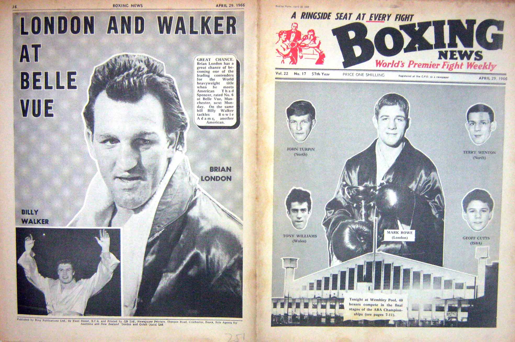Old Vintage Print Boxing 1966 Rowe Wenton Cutts Williams Turpin London 20th