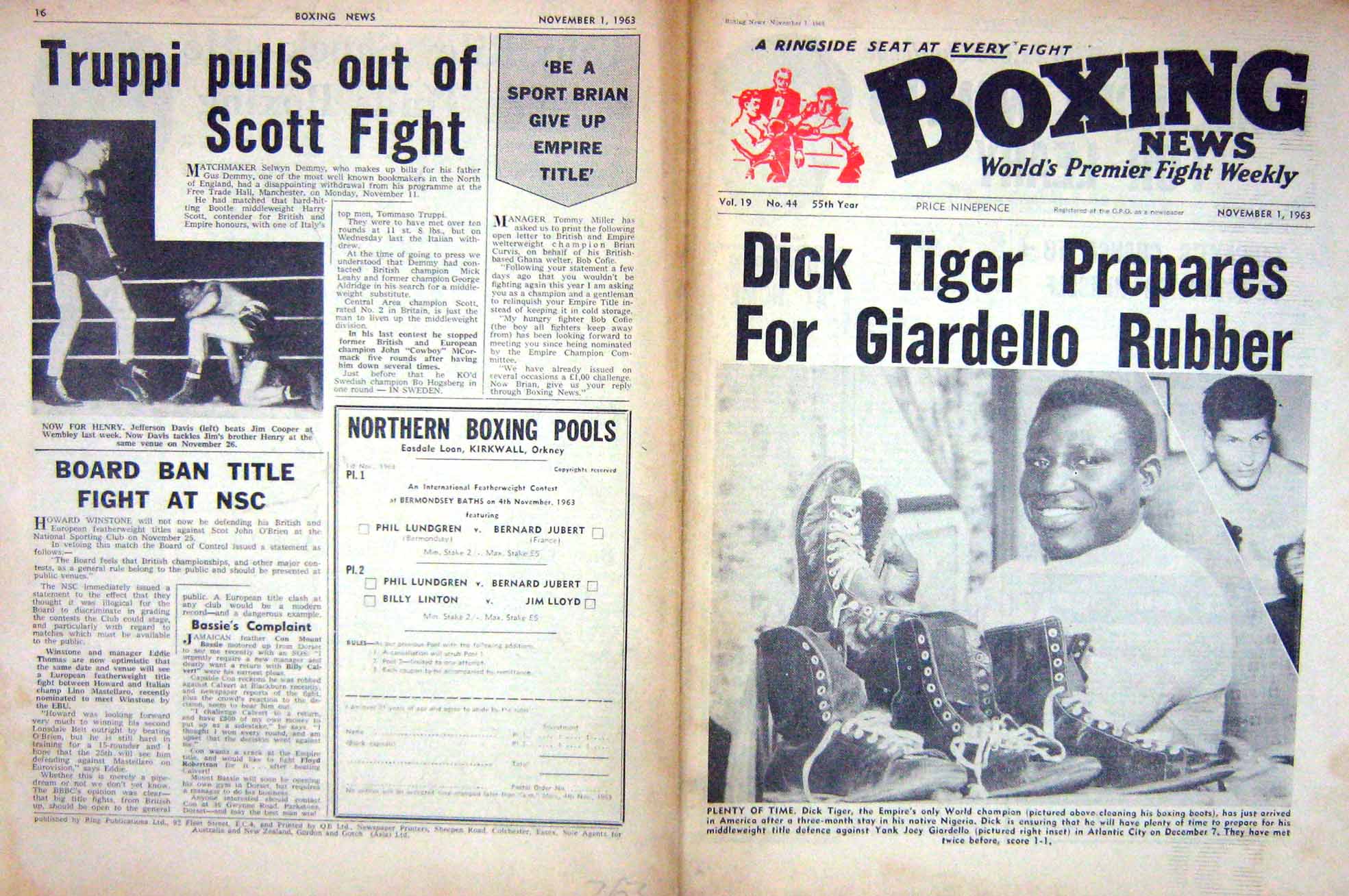Antique Old Print Boxing 1963 Dick Tiger Davis Cooper Mcgowan Worthington 20th