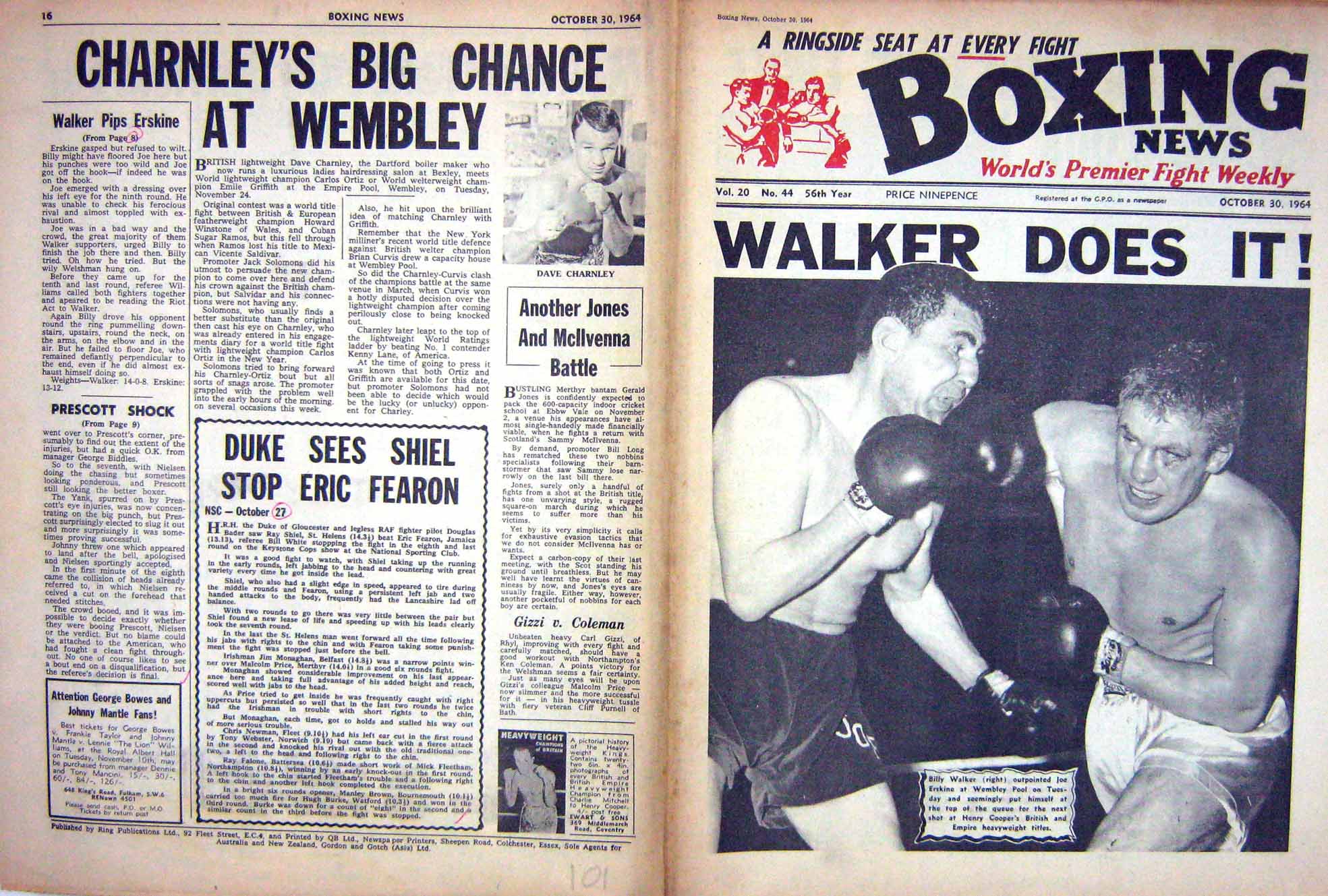 Original Old Vintage Print Boxing 1964 Billy Walker Erskine Charnley Prescott