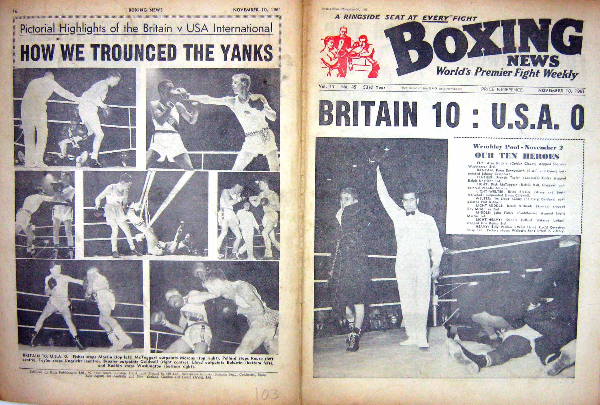 Old Vintage Print Boxing 1961 Rudkin Taylor Brazier Martin Fisher Cooper 20th
