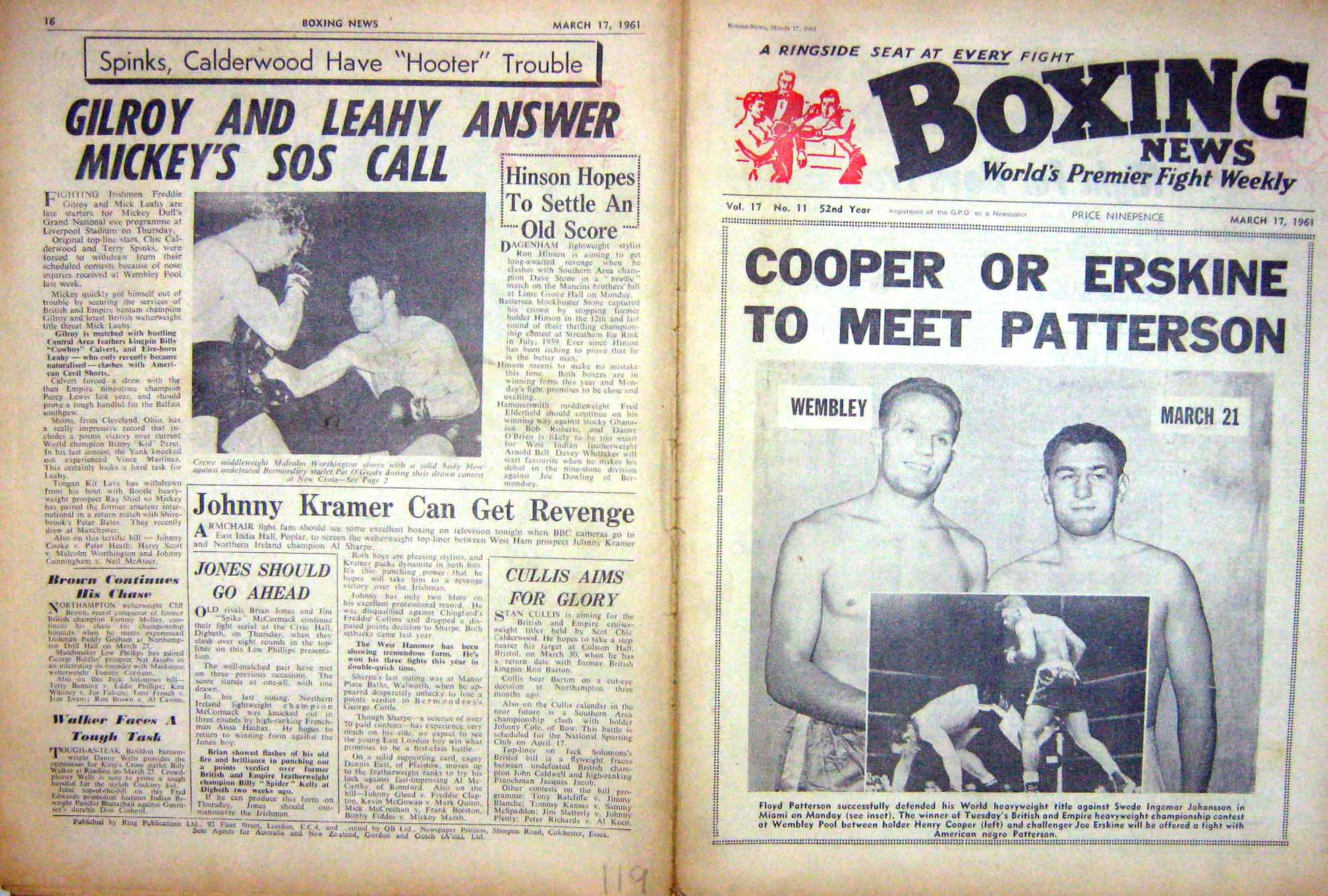 Old Vintage Print Boxing 1961 Henry Cooper Erskine Worthington Folledo 20th