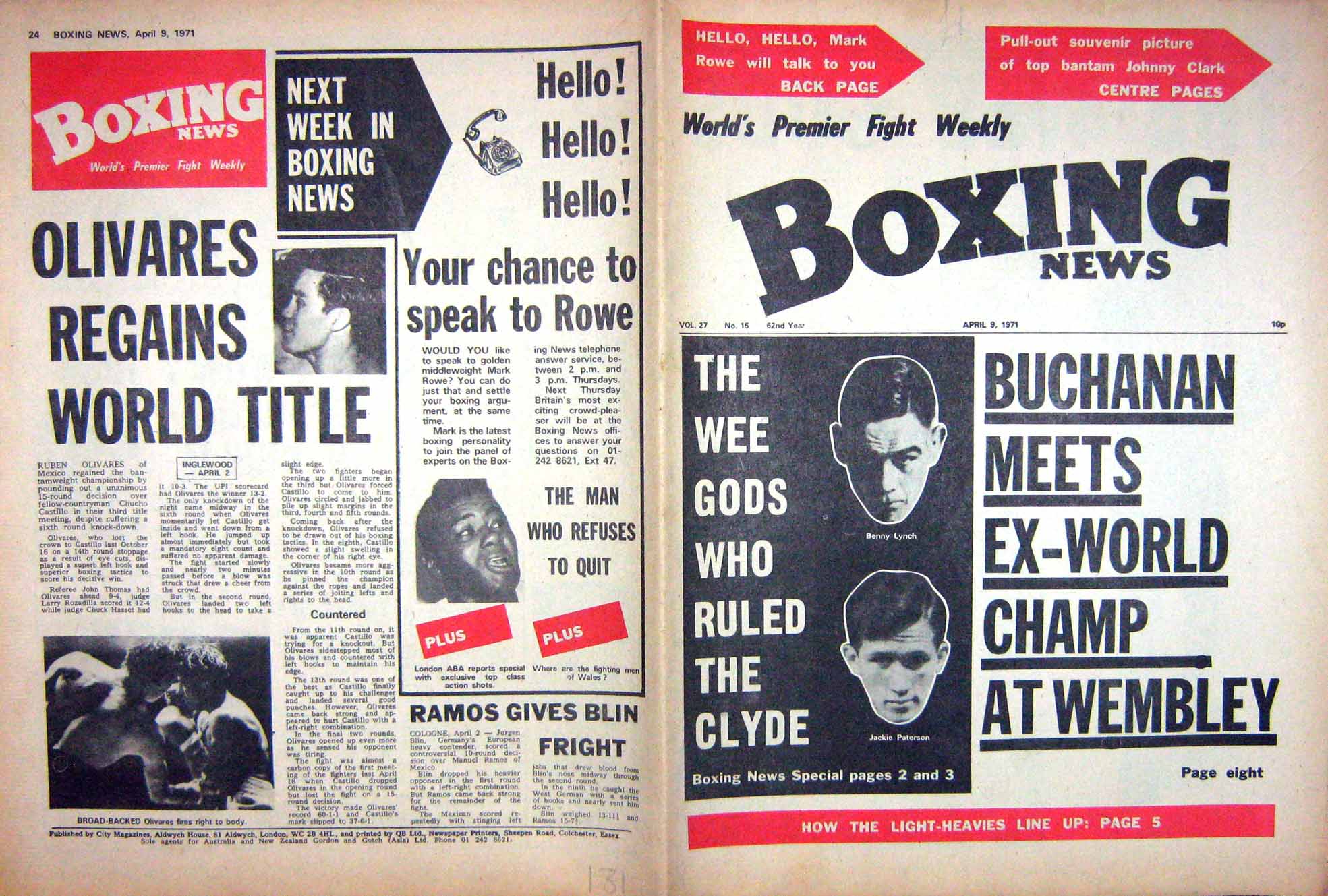 Original Old Vintage Print Boxing 1971 Lynch Paterson Olivares Johnny Clark