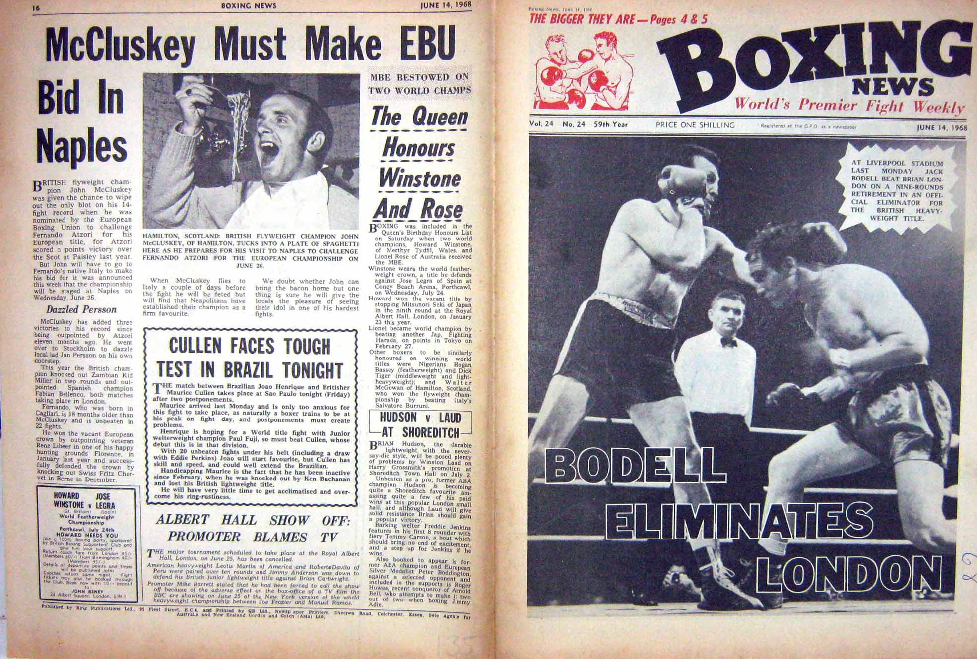 Antique Old Print Boxing 1968 Jack Bodell Brian London Hamilton Mccluskey 20th