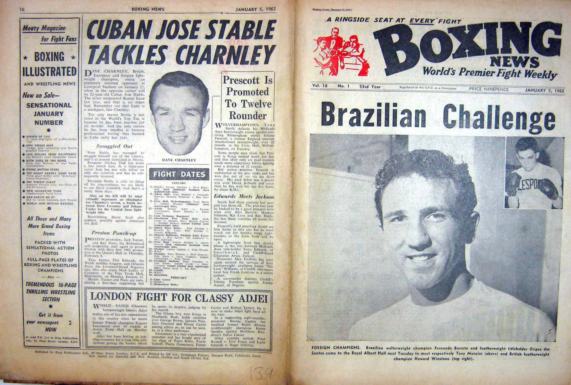 Antique Old Print Boxing Barreto Mancini 1962 Dave Charnley John Caldwell 20th