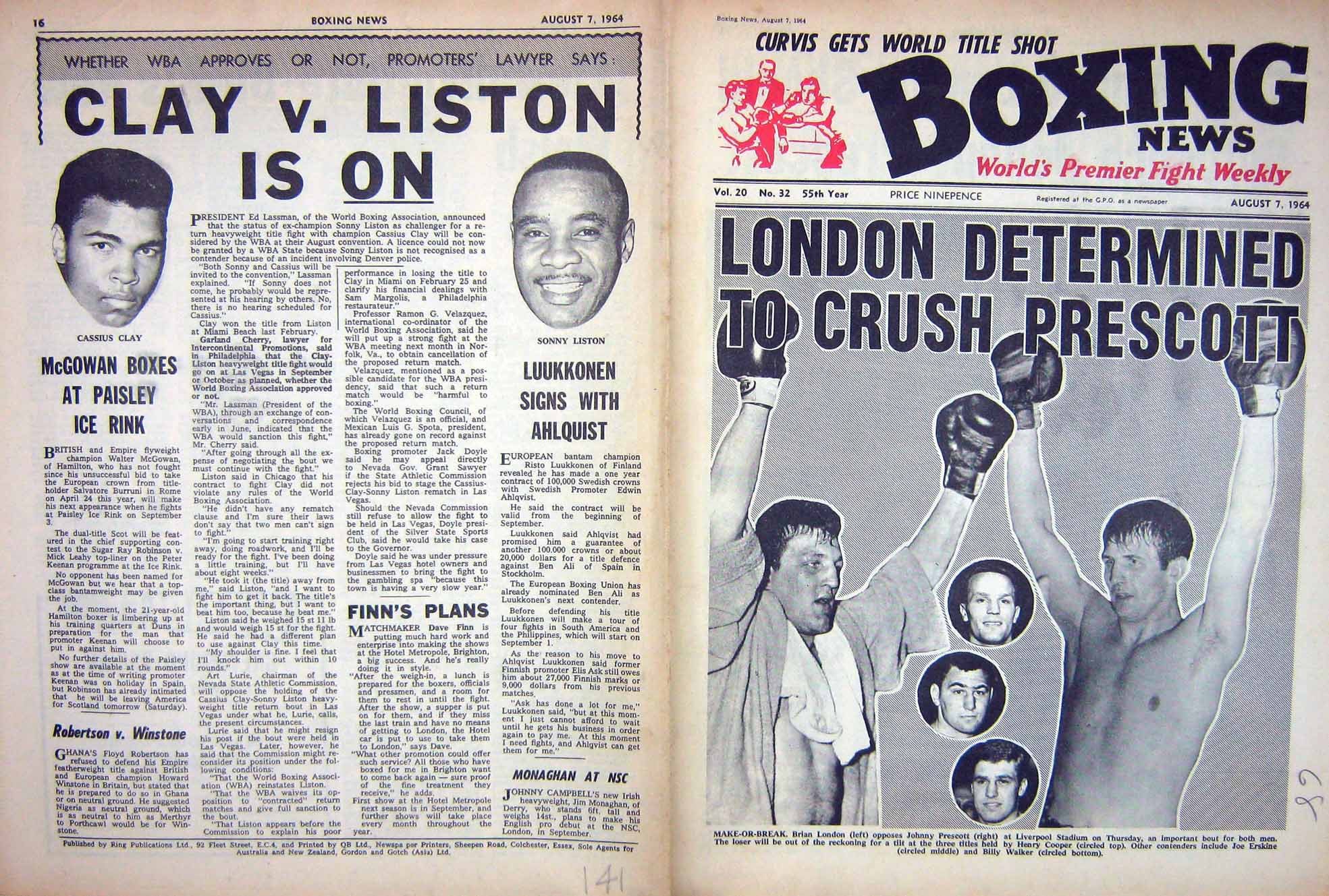 Original Old Vintage Print Boxing 1964 London Prescott Cooper Walker Clay Ross