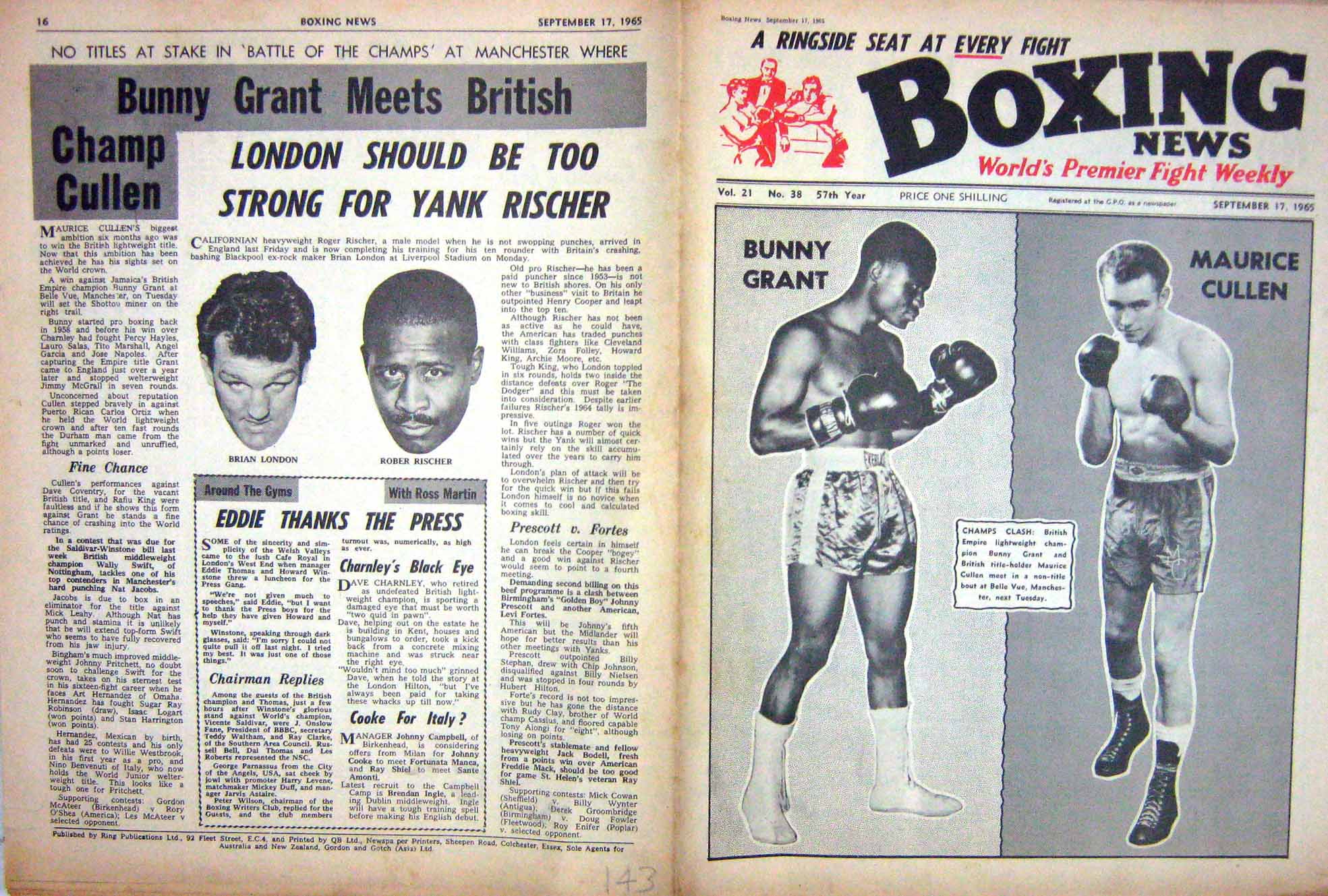 Antique Old Print Boxing 1965 Grant Cullen London Rischer Turpin Peterson 20th