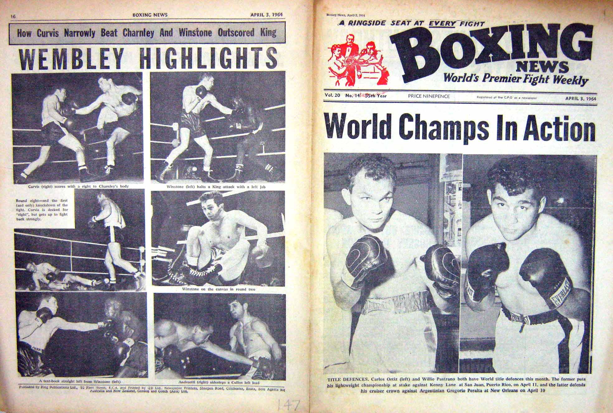 Original Old Vintage Print Boxing 1964 Ortiz Pastrano Curvis Andreetti Carter