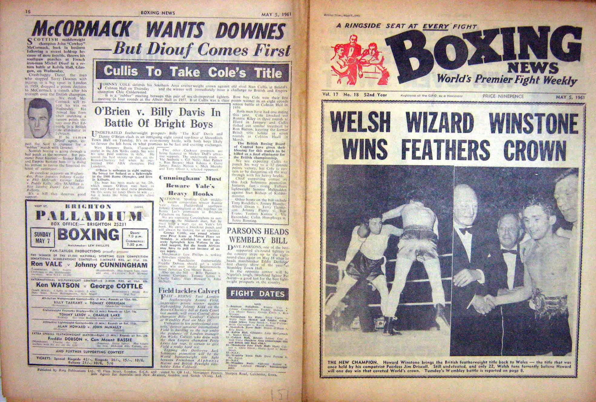 Old Vintage Print Boxing 1961 Winstone Driscoll Mccormack Terry Downes 20th