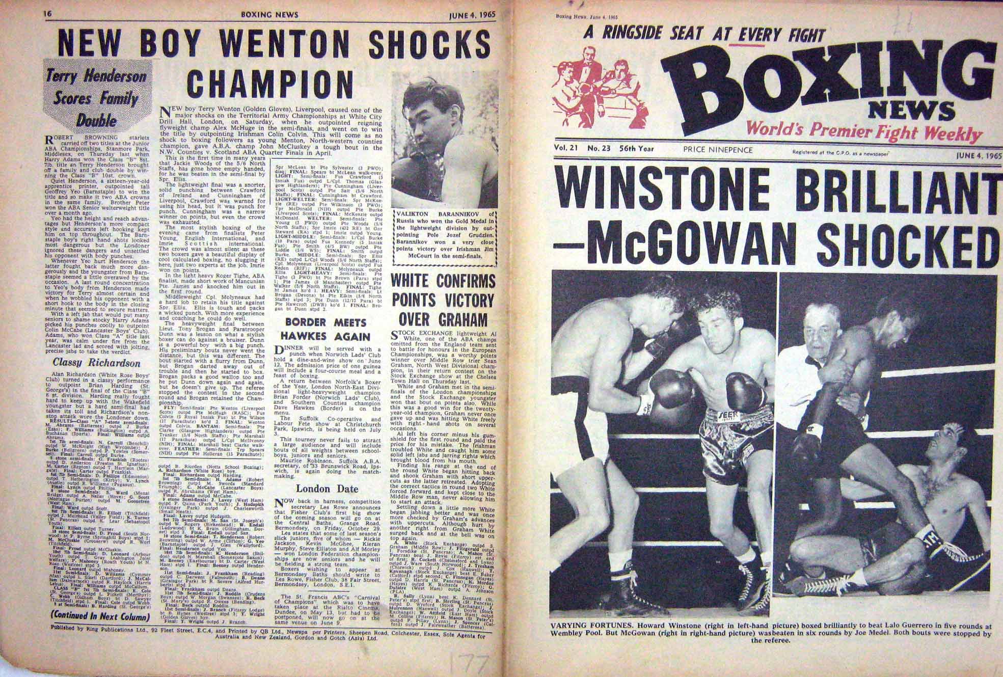 Old Vintage Print Boxing 1965 Winstone Guerrero Mcgowan Barannikov Clay 20th