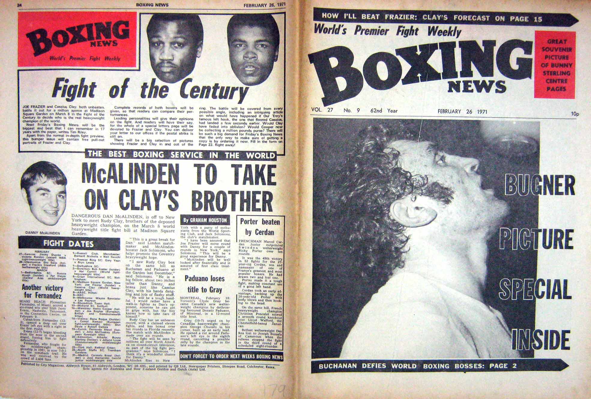 Original Old Vintage Print Boxing 1971 Bugner Frazier Clay Mcalinden Sterling