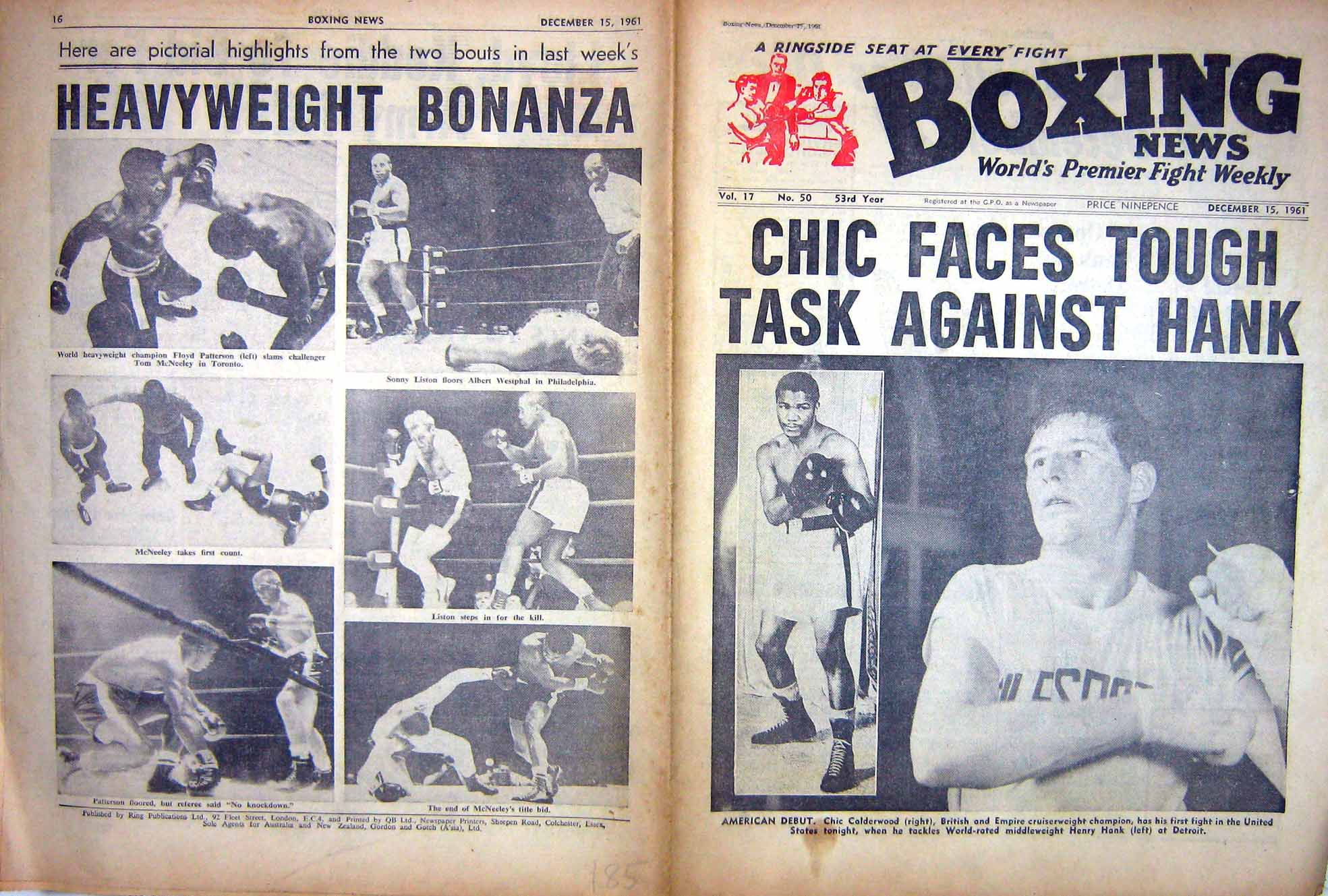 Original Old Vintage Print Boxing 1961 Calderwood Hank Patterson Liston Cooper