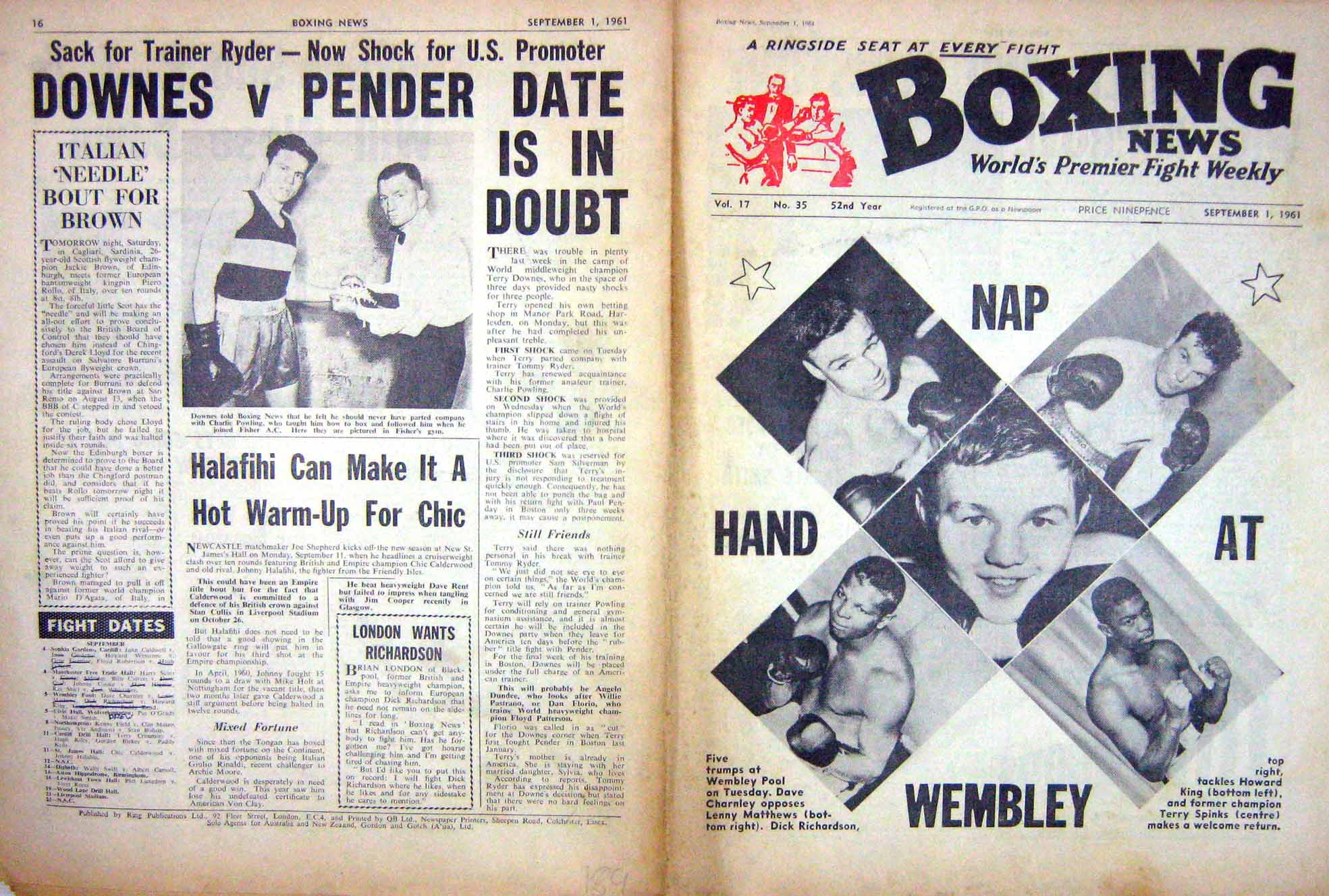 Antique Old Print Boxing 1961 Charnley King Spinks Dick Richardson Downes 20th