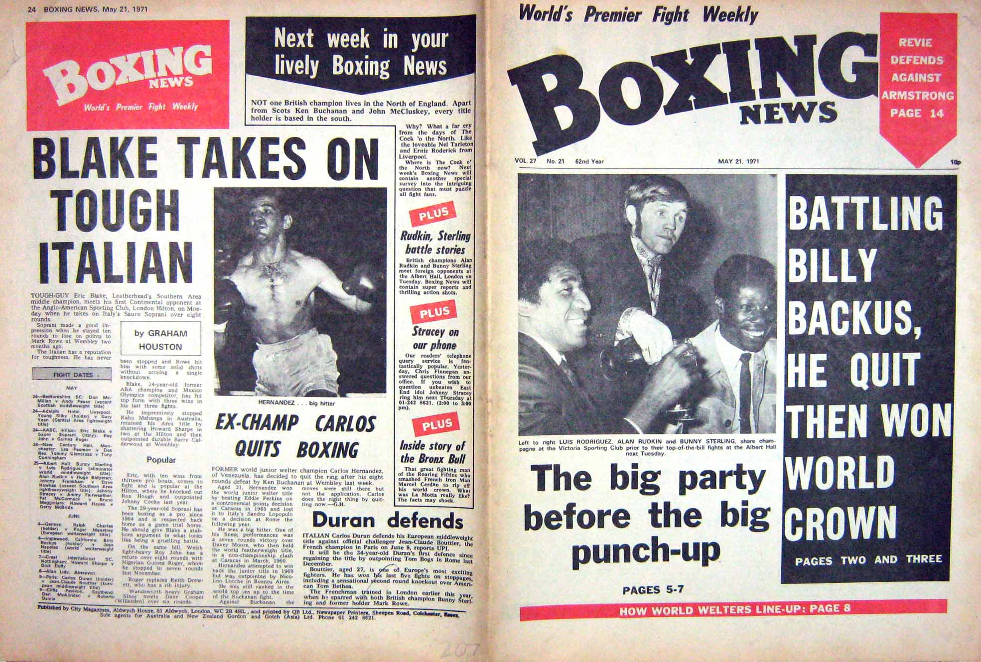 Antique Old Print Boxing 1971 Rodriguez Sterling Hernandez Kevin Finnegan 20th