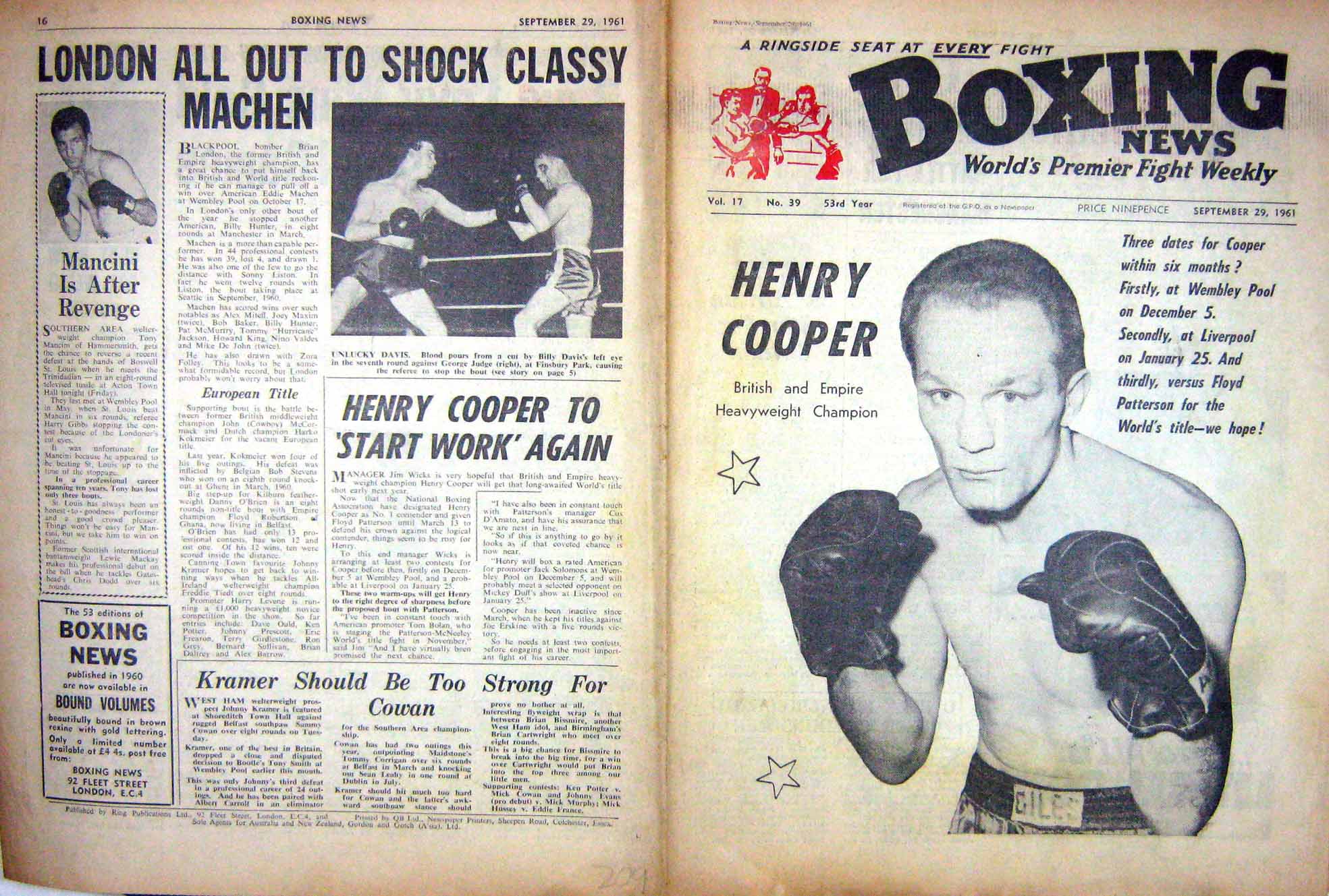 Old Vintage Print Boxing 1961 Henry Cooper Davis Judge Mancini Humphreys 20th