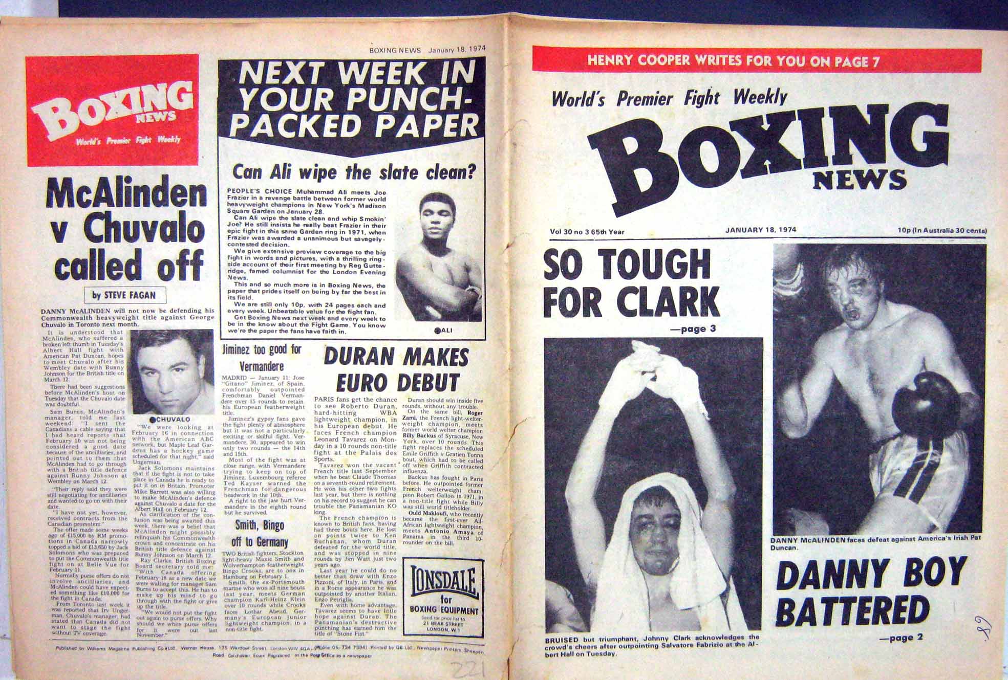 Original Old Vintage Print Boxing 1974 Clark Mcalinden Chuvalo Ali Fitzsimmons