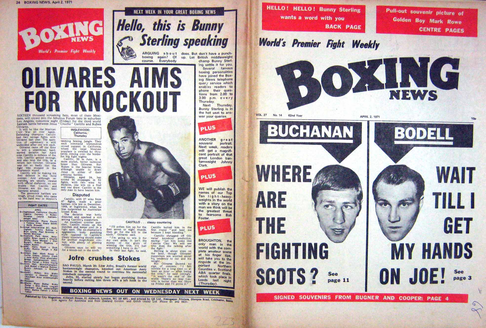 Old Vintage Print Boxing 1971 Buchanan Bodell Castillo Mark Rowe Bugner 20th