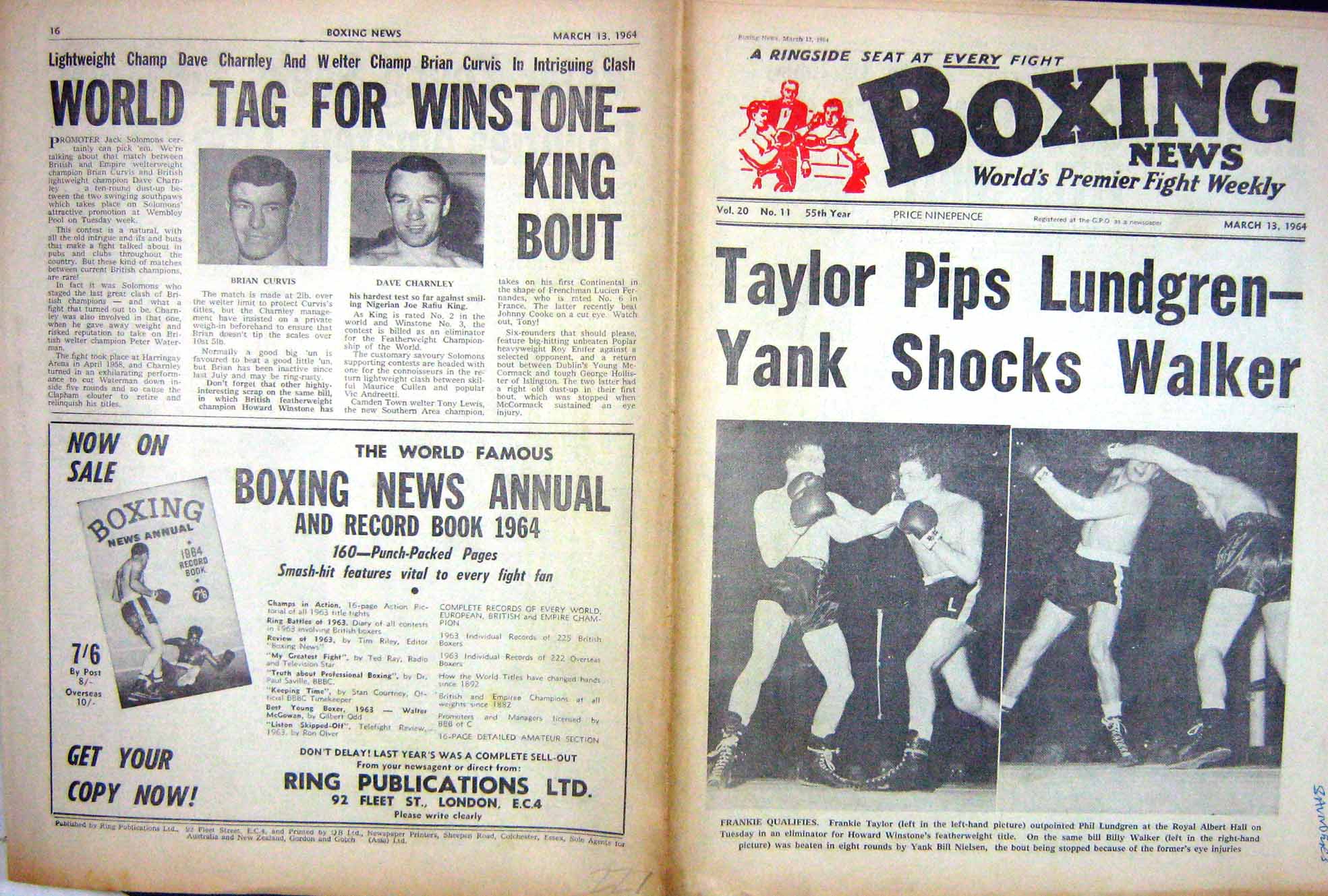 Old Vintage Print Boxing 1964 Taylor Lundgren Walker Nielsen Curvis Dave 20th