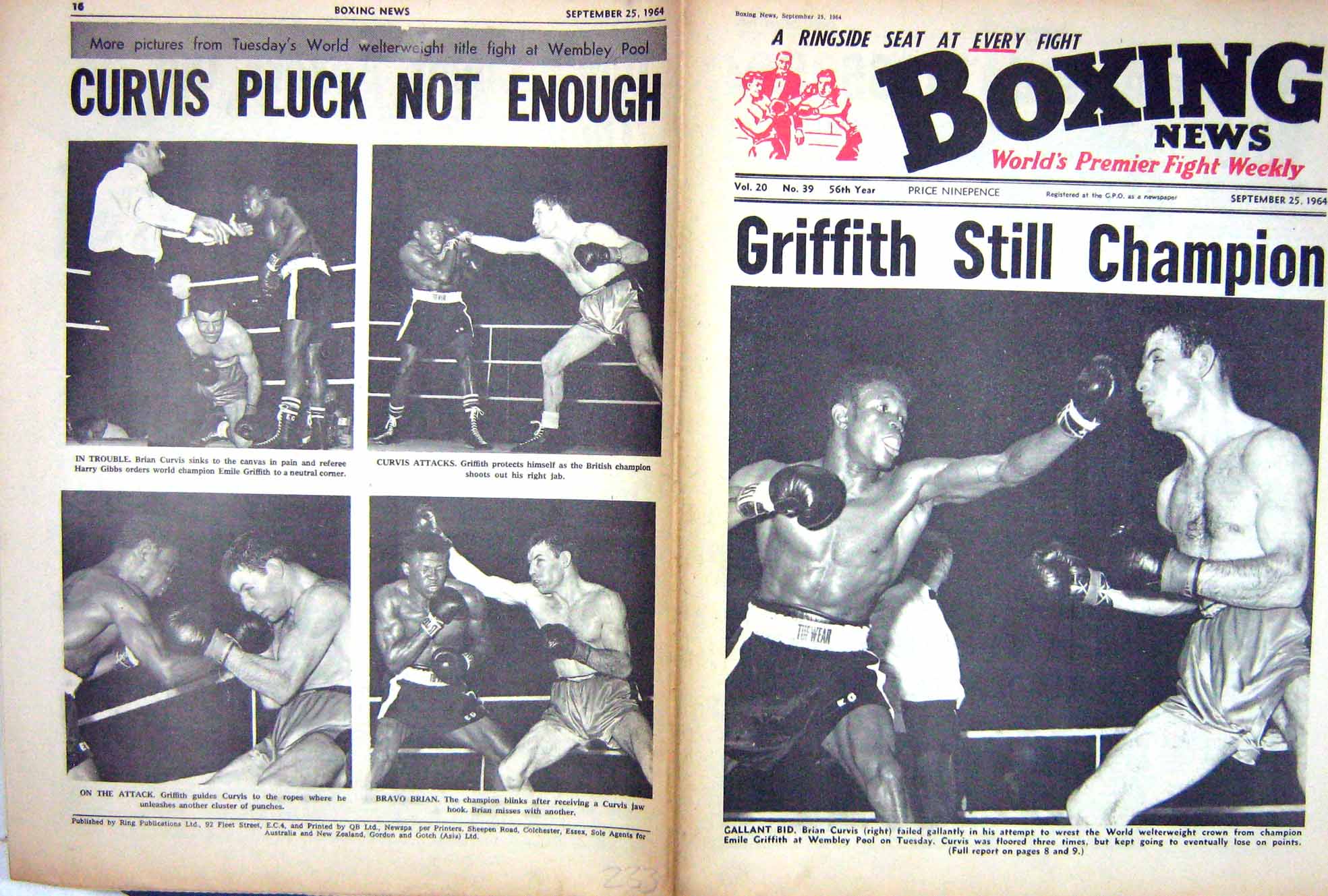 Old Vintage Print Boxing 1964 Curvis Emile Griffith Brian Phil Lundgren 20th