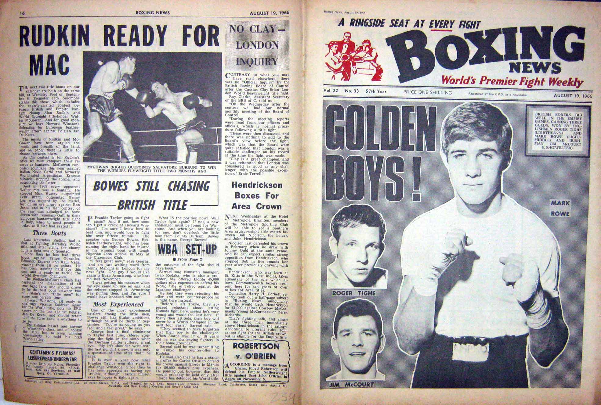 Old Vintage Print Boxing 1966 Mark Rowe Tighe Mccourt Mcgowan Graziano 20th