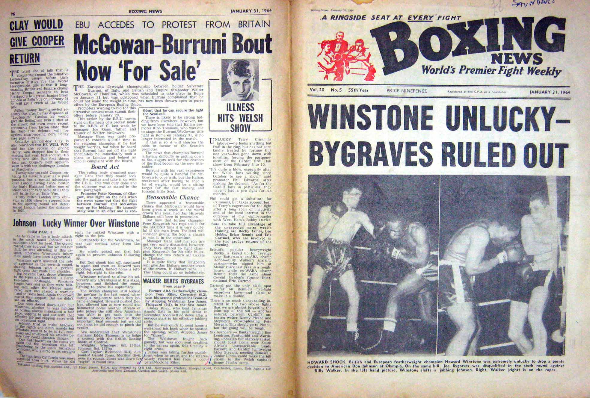 Original Old Vintage Print Boxing 1964 Winstone Johnson Bygraves Walker Taylor