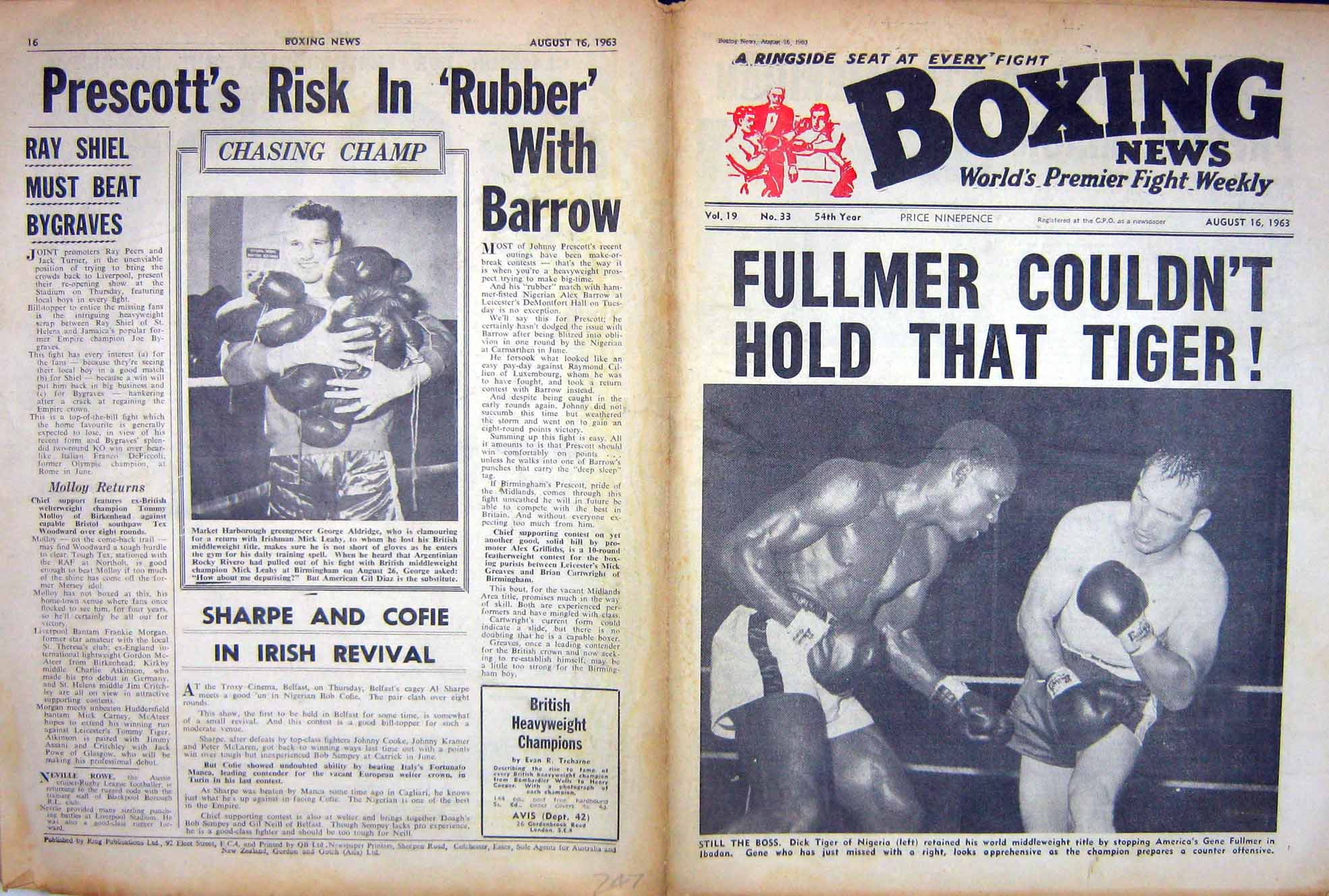 Old Vintage Print Boxing 1963 Dick Tiger Fullmer Aldridge Prescott Rowe 20th