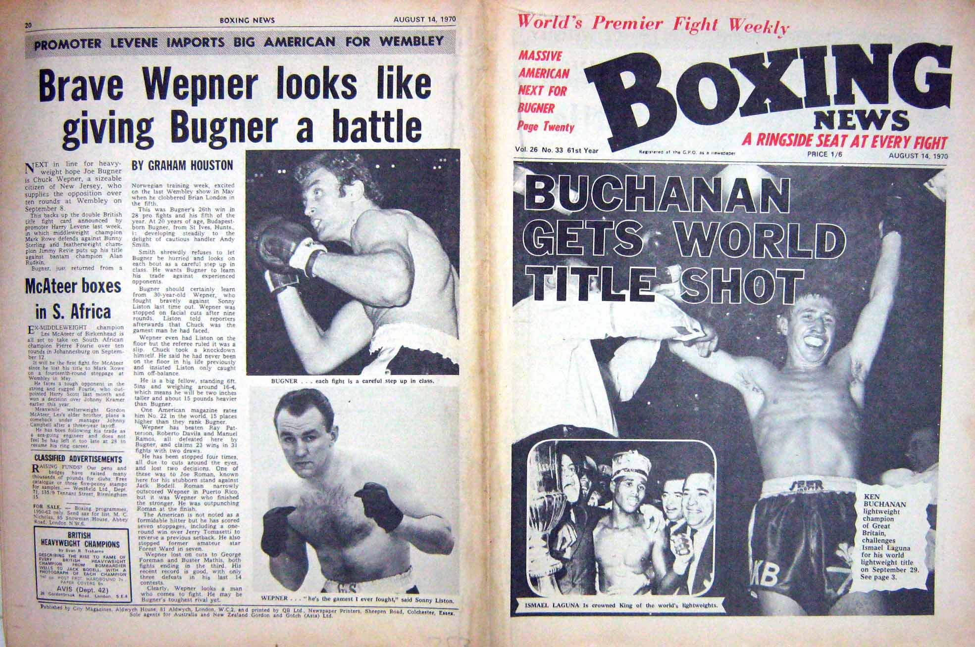 Original Old Vintage Print Boxing 1970 Buchanan Laguna Bugner Wepner Cockell