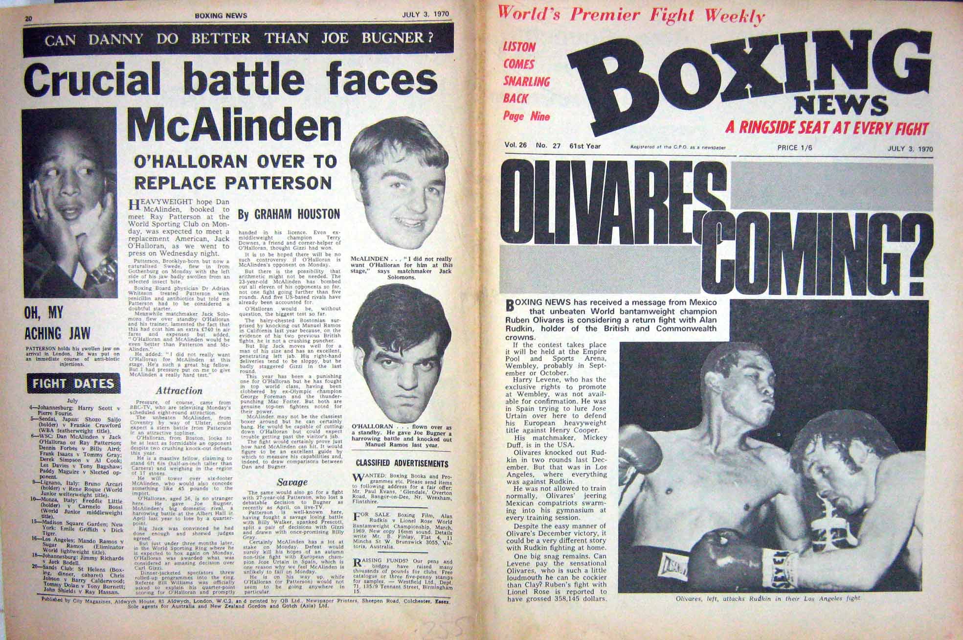 Old Vintage Print Boxing 1970 Olivares Rudkin Mcalinden O'Halloran Dave 20th