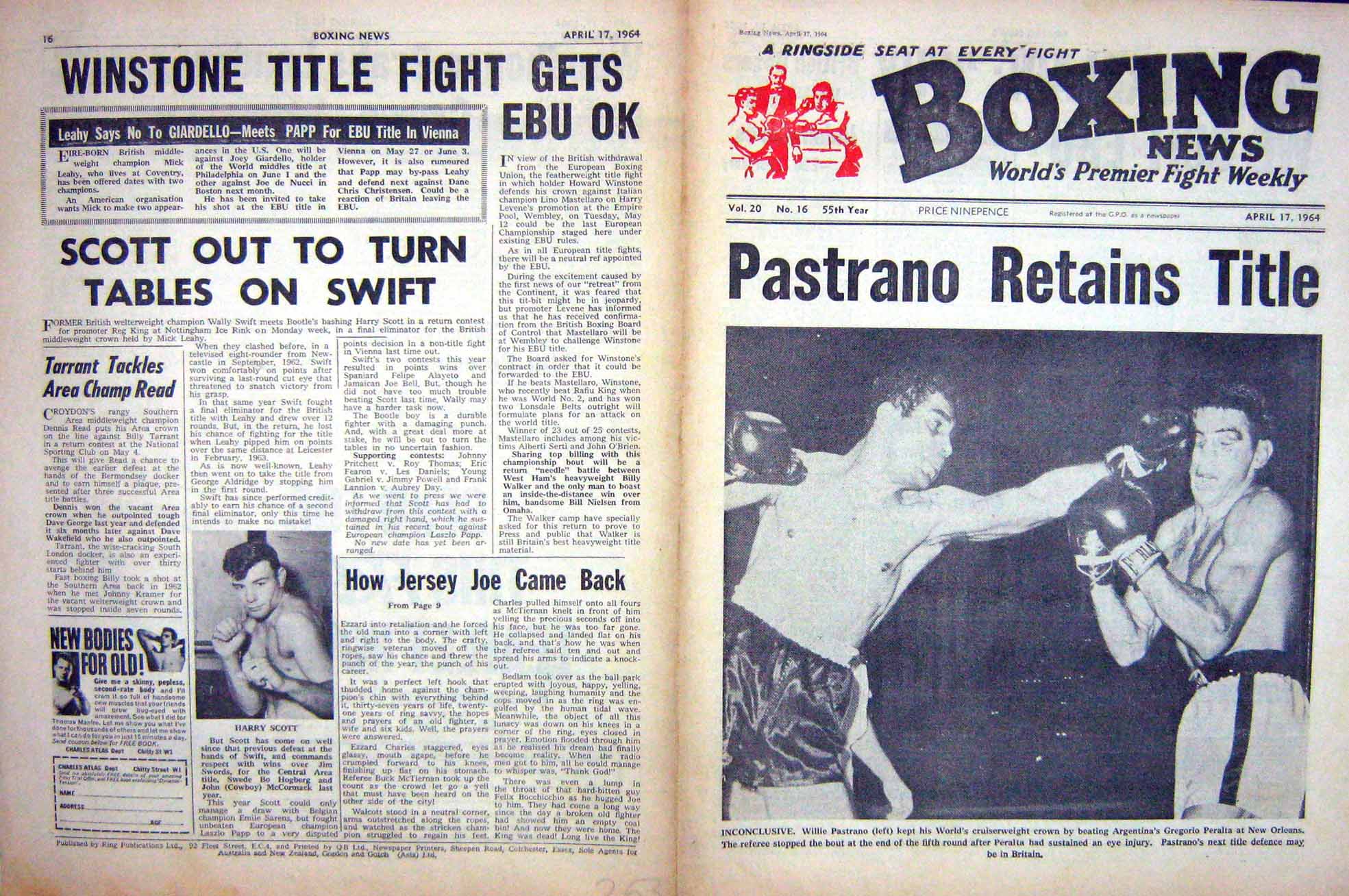 Original Old Vintage Print Boxing 1964 Pastrano Gregorio Scott Louis Walcott