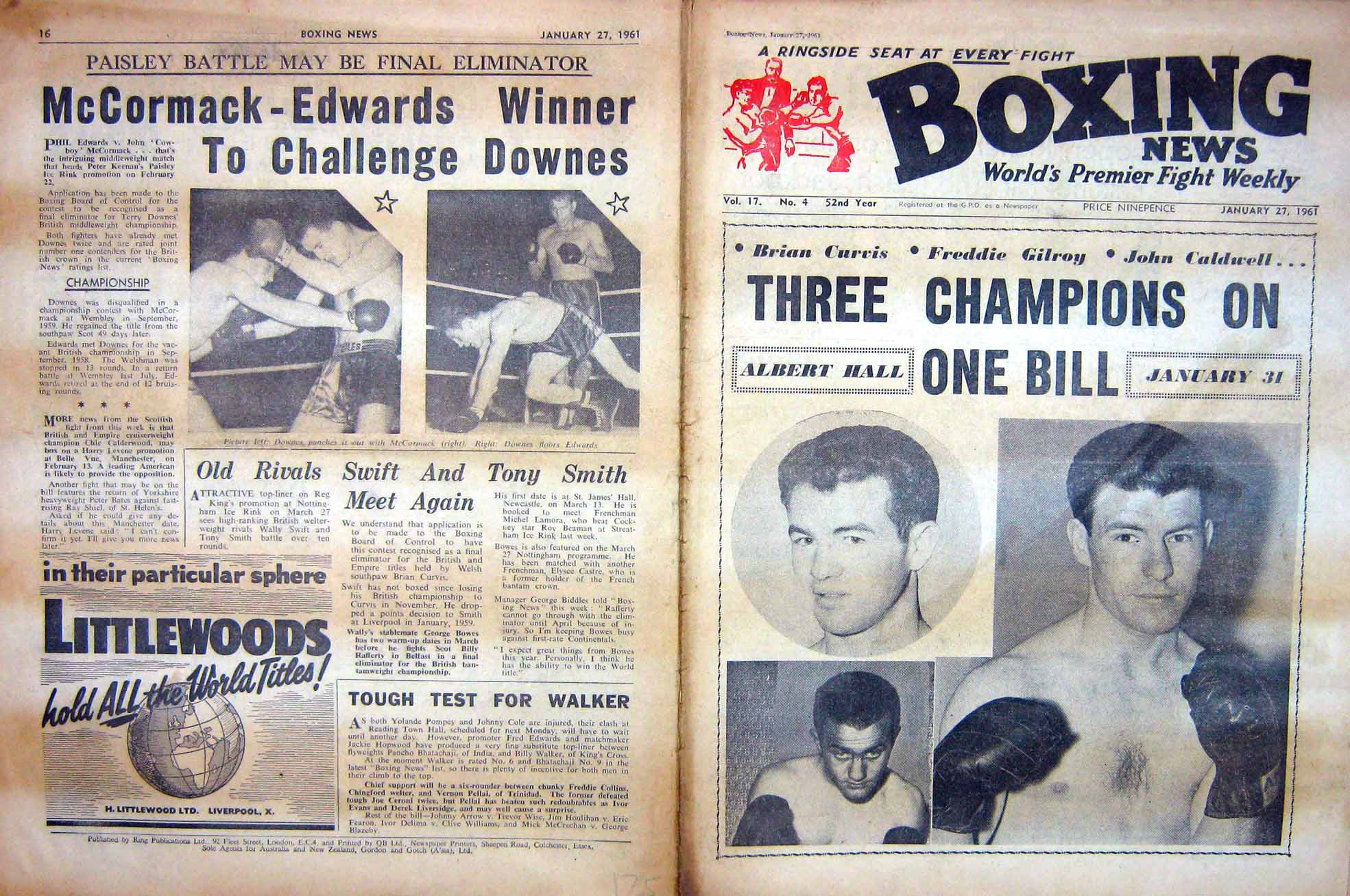 Original Old Vintage Print Boxing 1961 Curvis Gilroy Caldwell Downes Ugo Milan