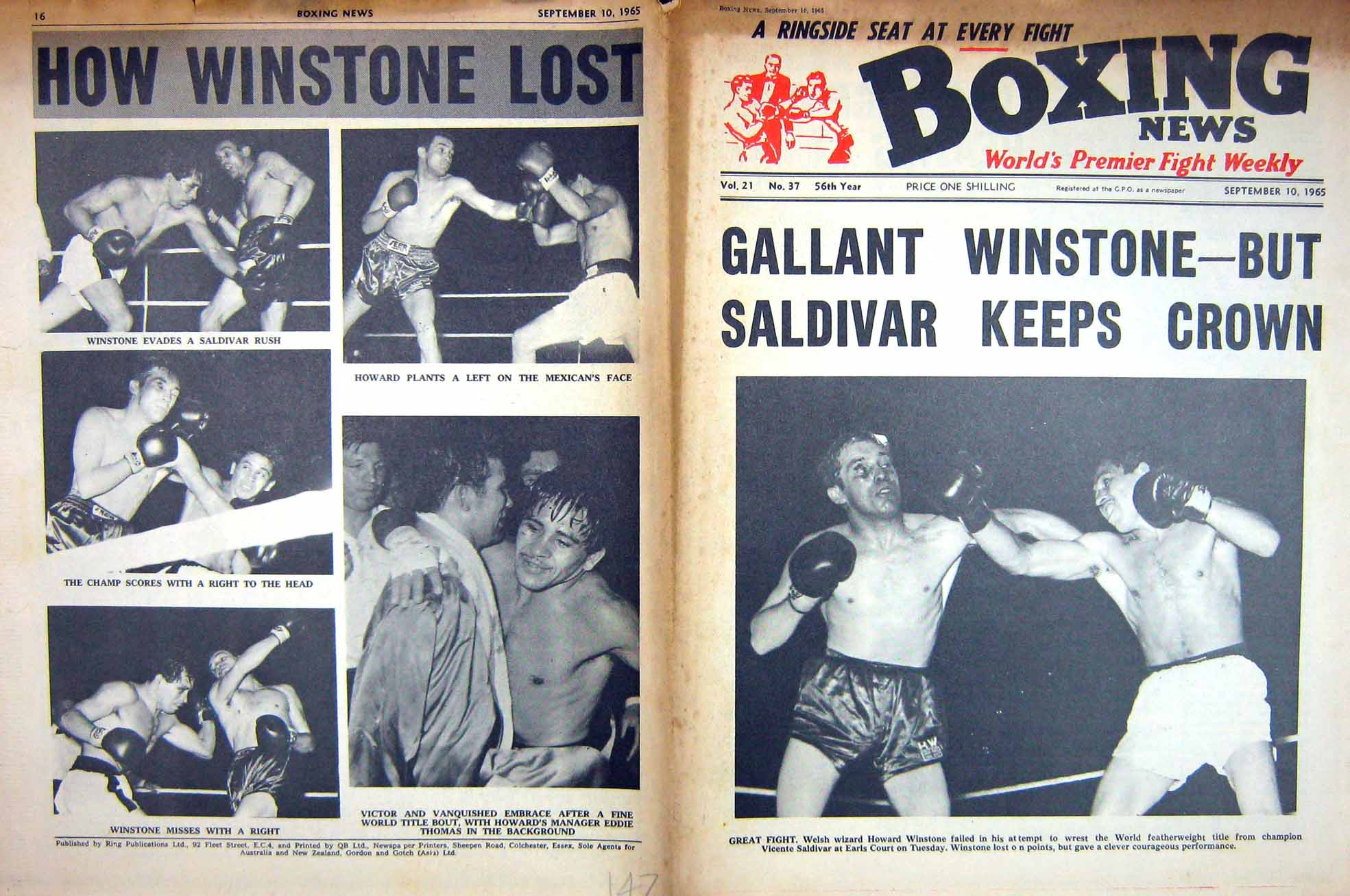 Original Old Vintage Print Boxing 1965 Winstone Saldivar Howard Eddie Thomas