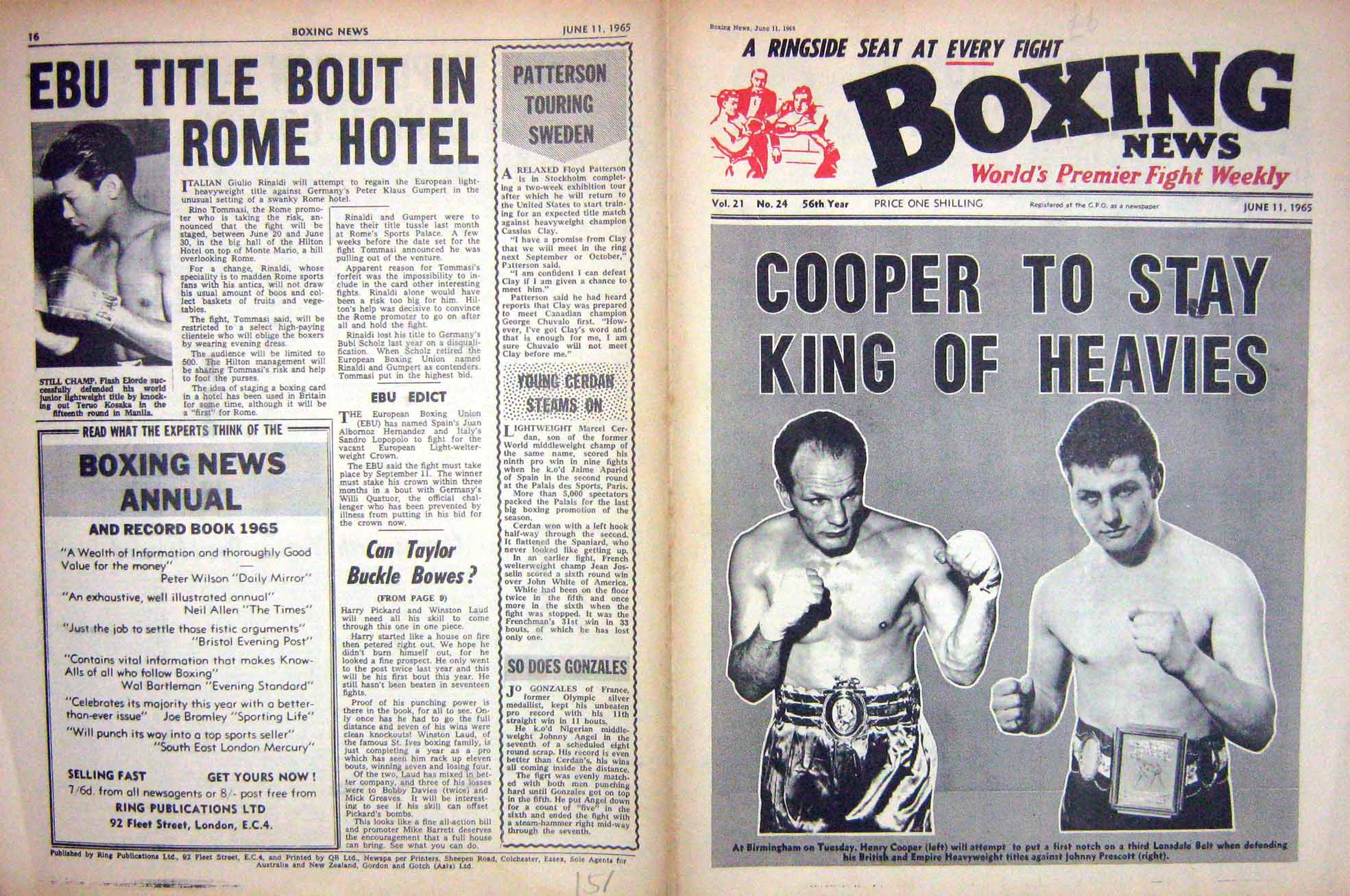 Old Vintage Print Boxing 1965 Cooper Prescott Elorde Rudkin Taylor Bowes 20th