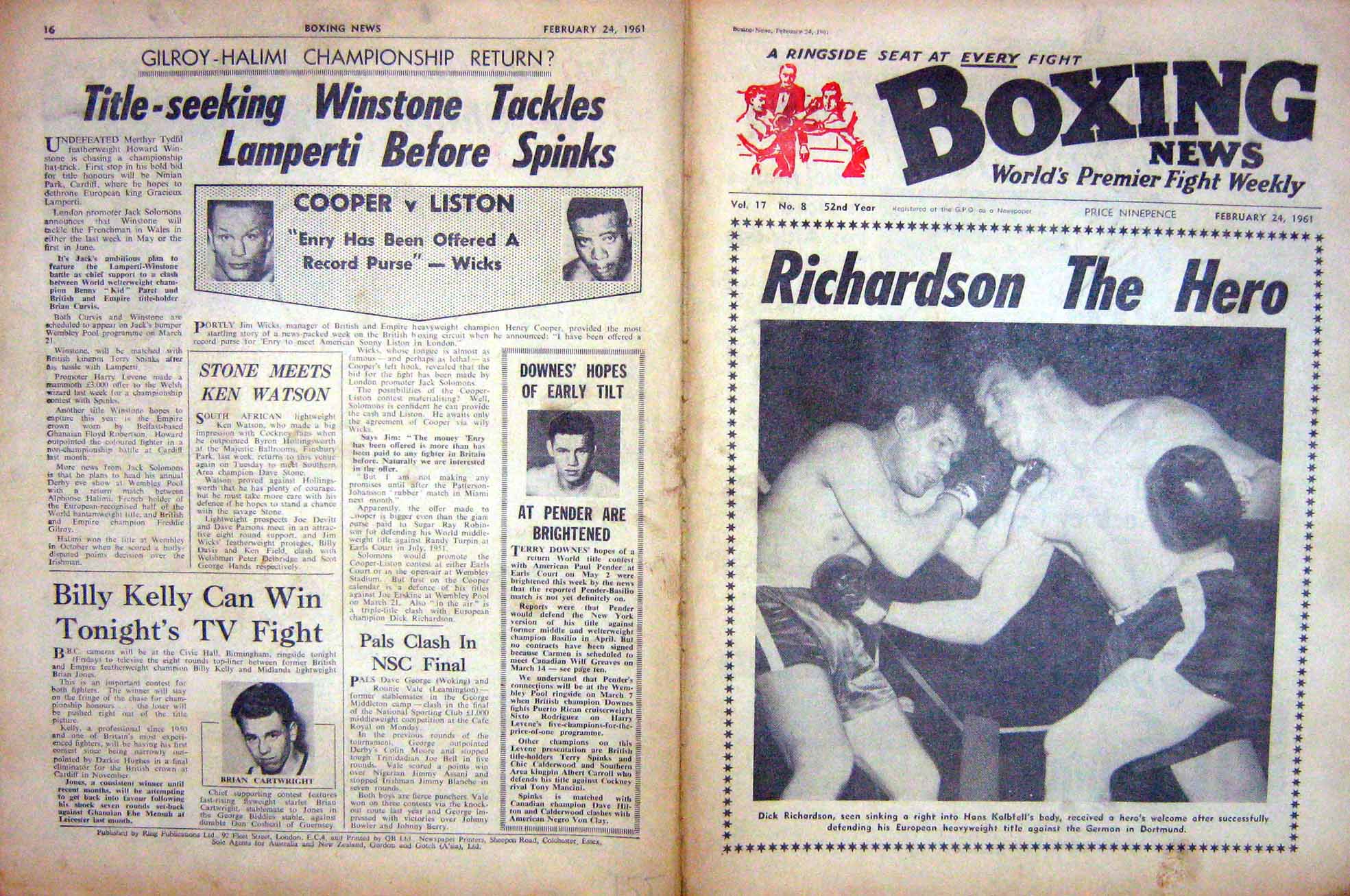 Old Vintage Print Boxing 1961 Richardson Kalbfell Cooper Liston Charnley 20th