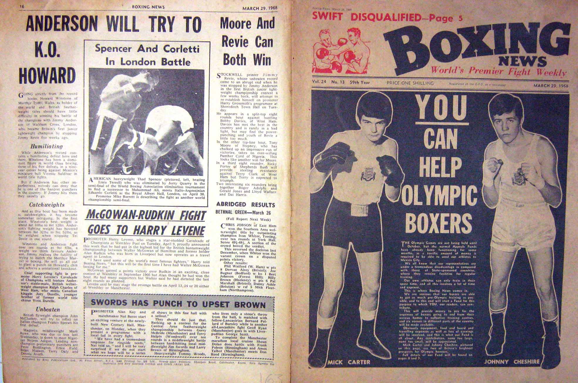 Antique Old Print Boxing 1968 Carter Cheshire Spencer Terrell Spinks Dick 20th